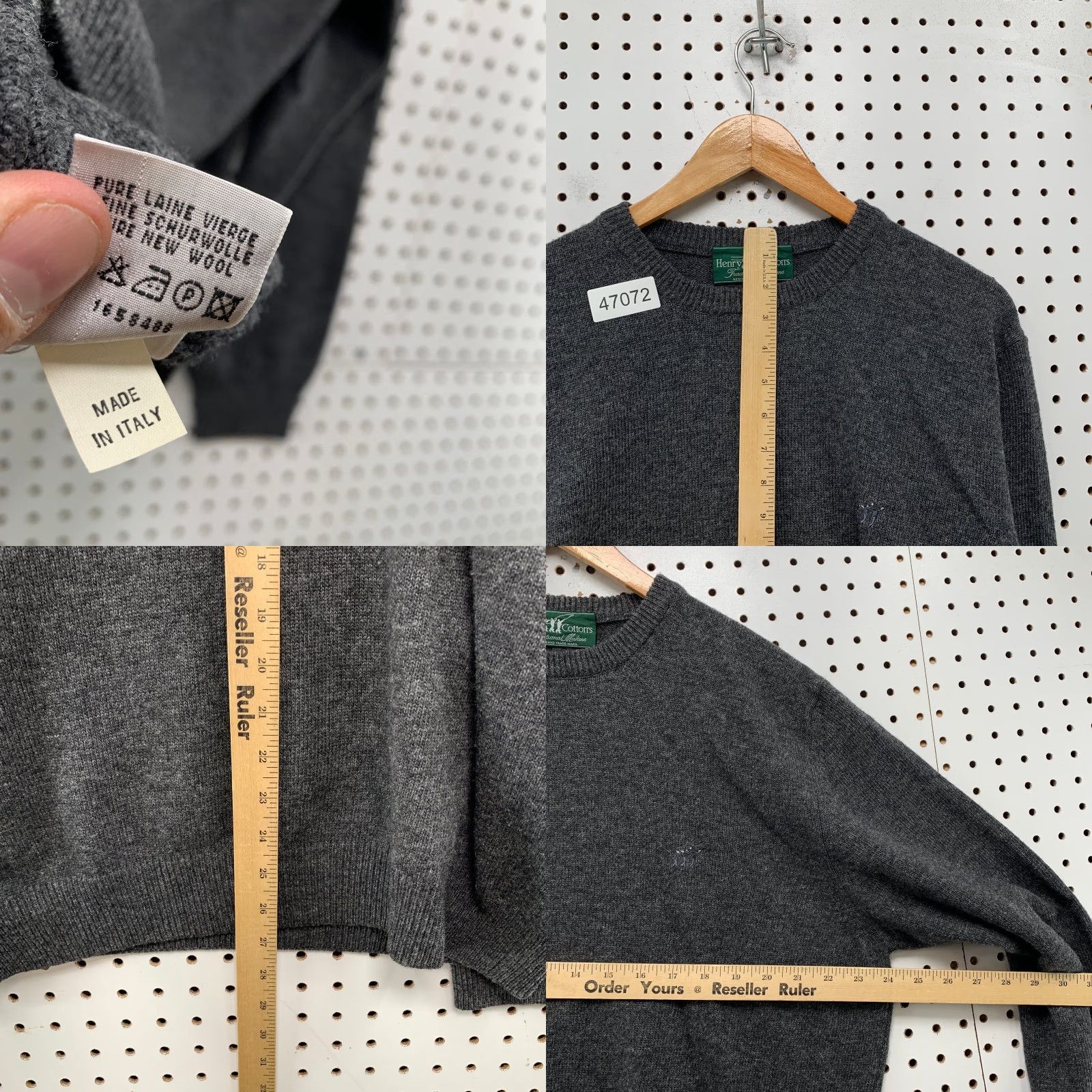 VINTAGE Henry Cotton Sweater Mens M Gray Merino Wool Crewneck Knit Pullover Winter Fall Italy 90s Mens