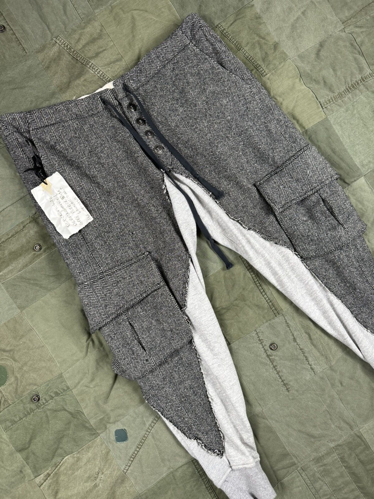 Greg Lauren Herringbone / Grey Fleece Cargo Pants Size US 34 / EU 50 - 2 Thumbnail