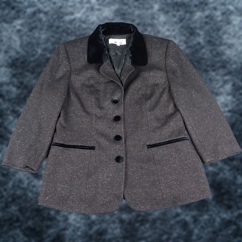 Velvet VINTAGE Versalle Jacket Womens 44 Black Viscose Glitter Collar Button VT Shiny Velvet Classic 1990s Womens Size M / US 6-8 / IT 42-44 - 1 Thumbnail