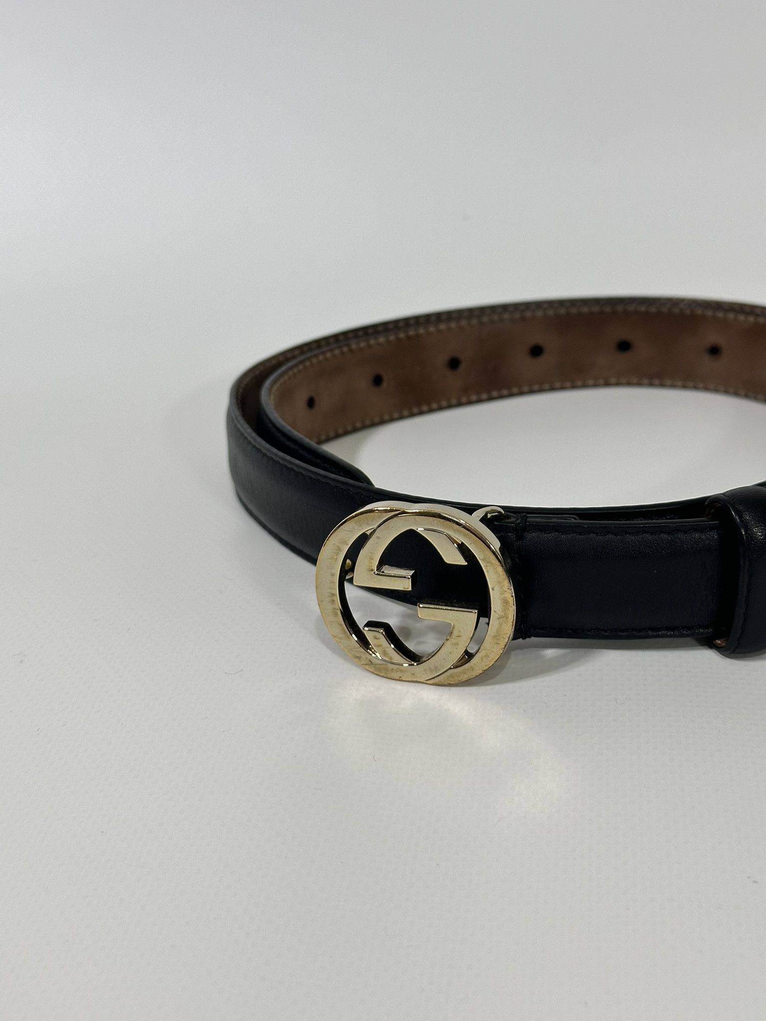 Gucci Gucci Thin Belt Black Leather Interlocking G Buckle Size ONE SIZE - 2 Thumbnail