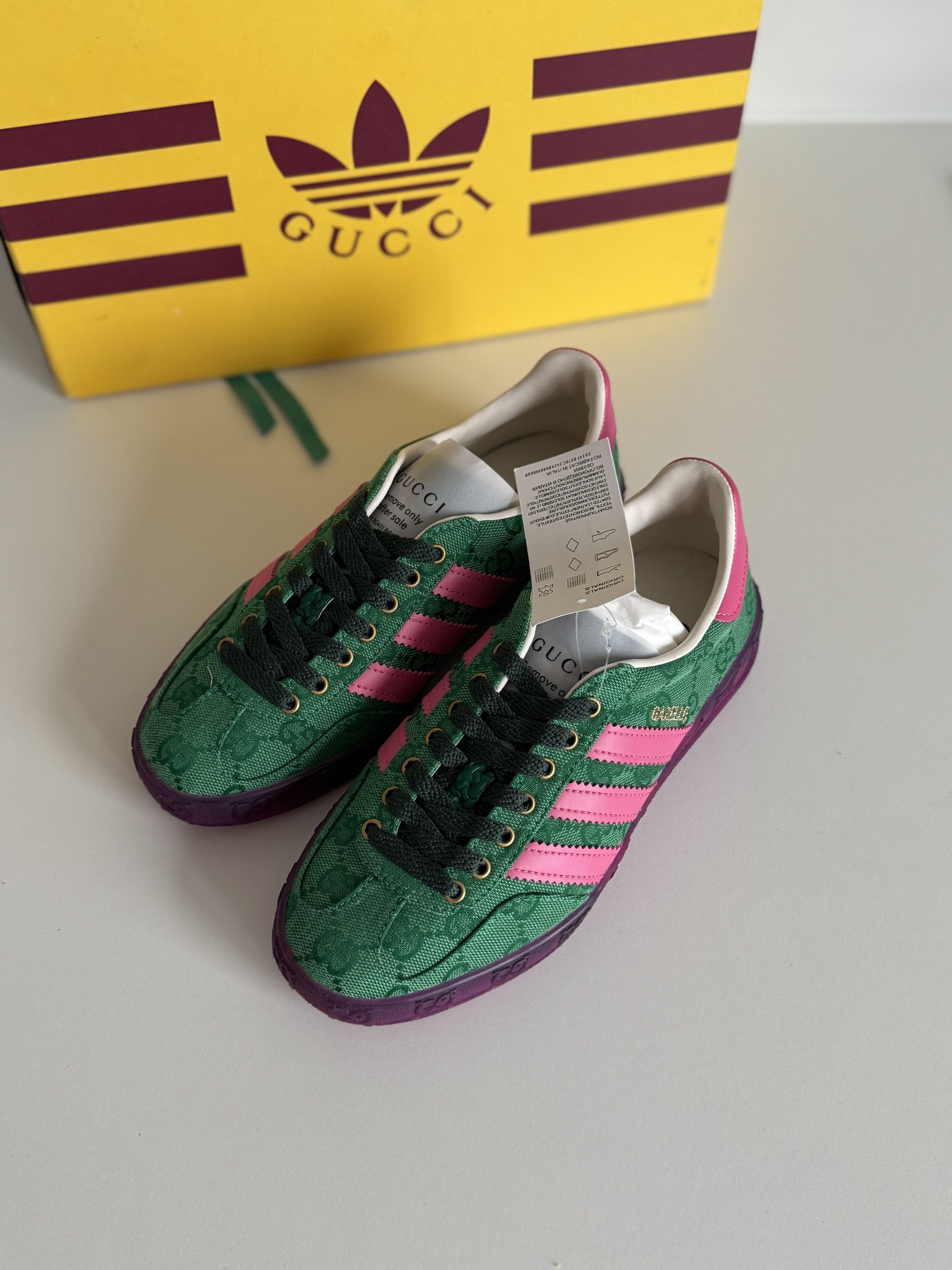 adidas gazelle silver green womens Adidas x Gucci Gazelle Sneaker in Pink Suede with Black Stripes and Gr   Hollo Shoe