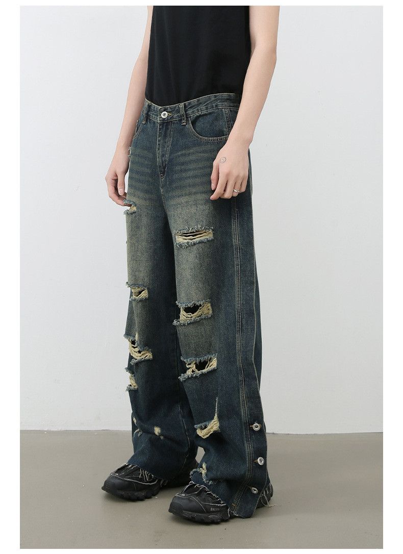 Japanese Brand × Vintage Men's loose straight raw edge washed wide-leg ripped jeans Size US 32 / EU 48 - 4 Thumbnail