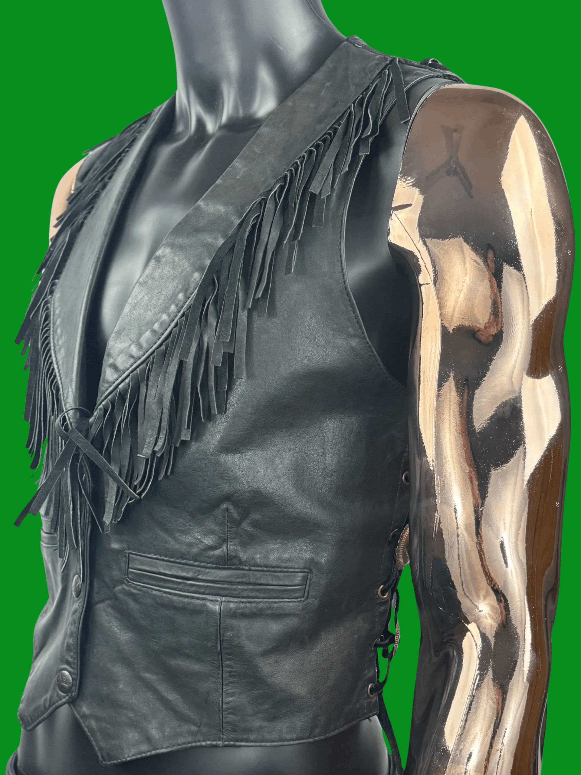 Vintage VTG Genuine Leather Western Cowgirl Vest Tassel Boho Biker Size L / US 10 / IT 46 - 1 Thumbnail