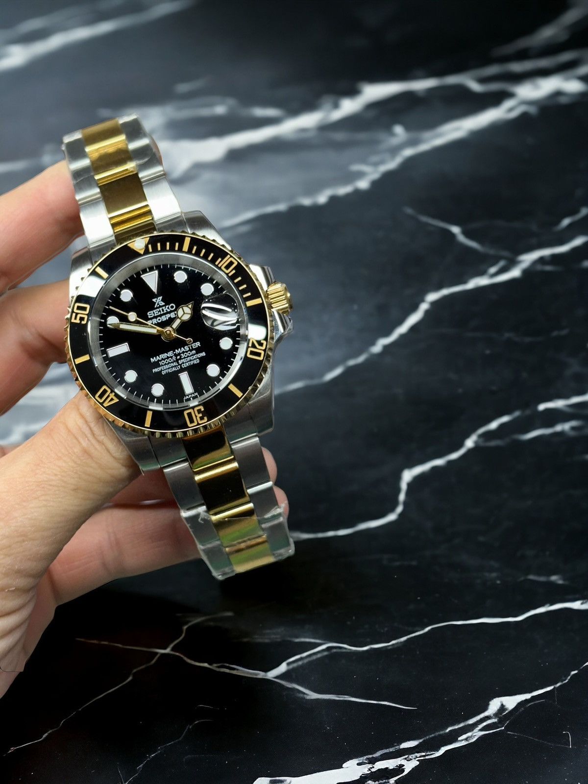 Japanese Brand Seiko Mod Prospex Submariner Date Black Gold Steel Watch Size ONE SIZE - 1 Thumbnail