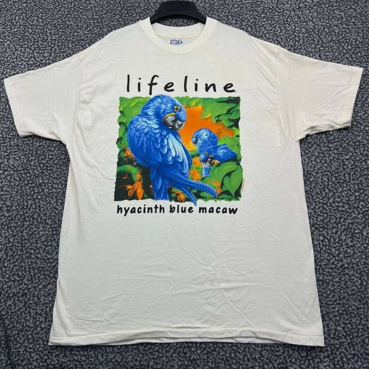 Hanes Lifeline Hyacinth Blue Macaw Shirt Men XL White Beefy Cotton Size US XL / EU 56 / 4 - 1 Thumbnail