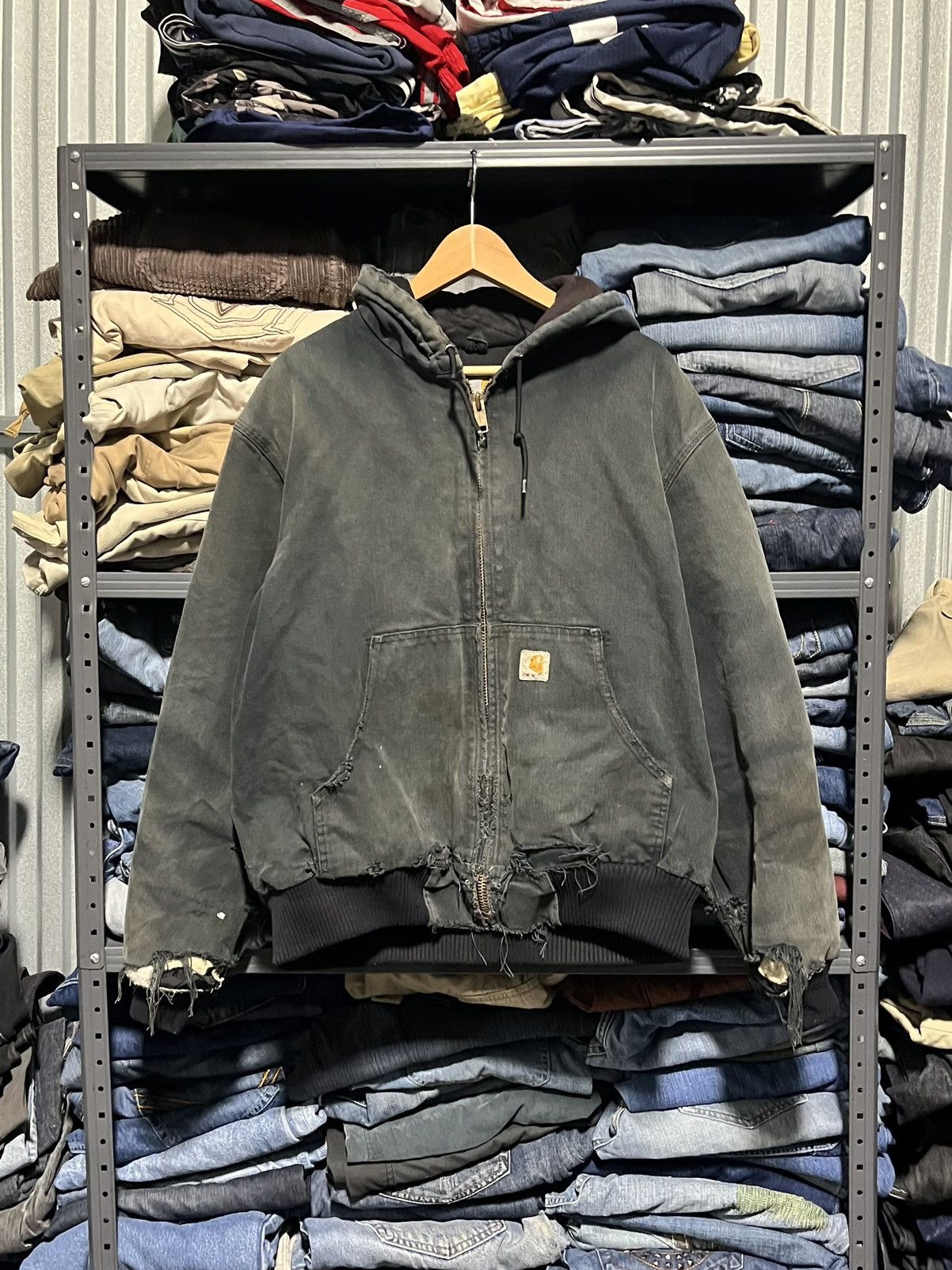 image of Crazy Vintage Thrashed Carhartt Hooded Jacket Faded Workwear in Grey, Men's (Size XL)