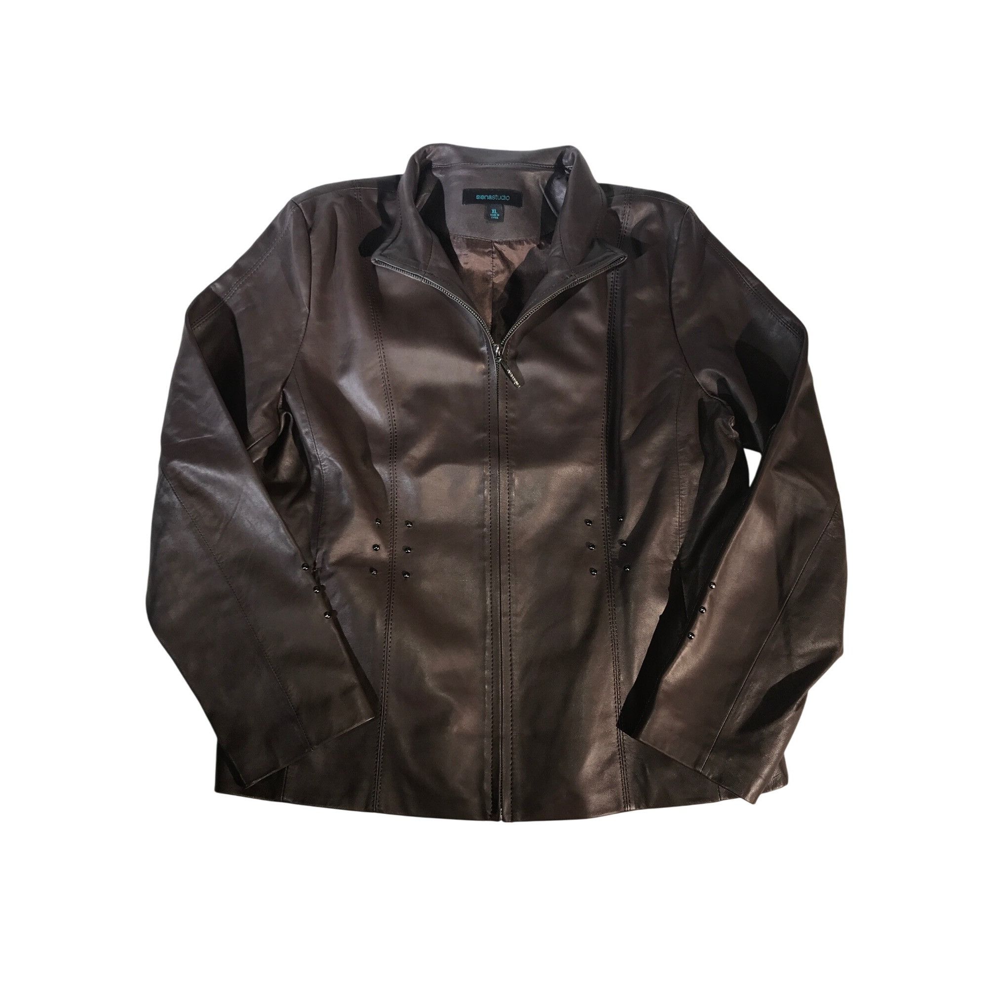 Designer Siena Studio Women's Brown Zip Studded Leather Moto Jacket Size S / US 4 / IT 40 - 1 Thumbnail