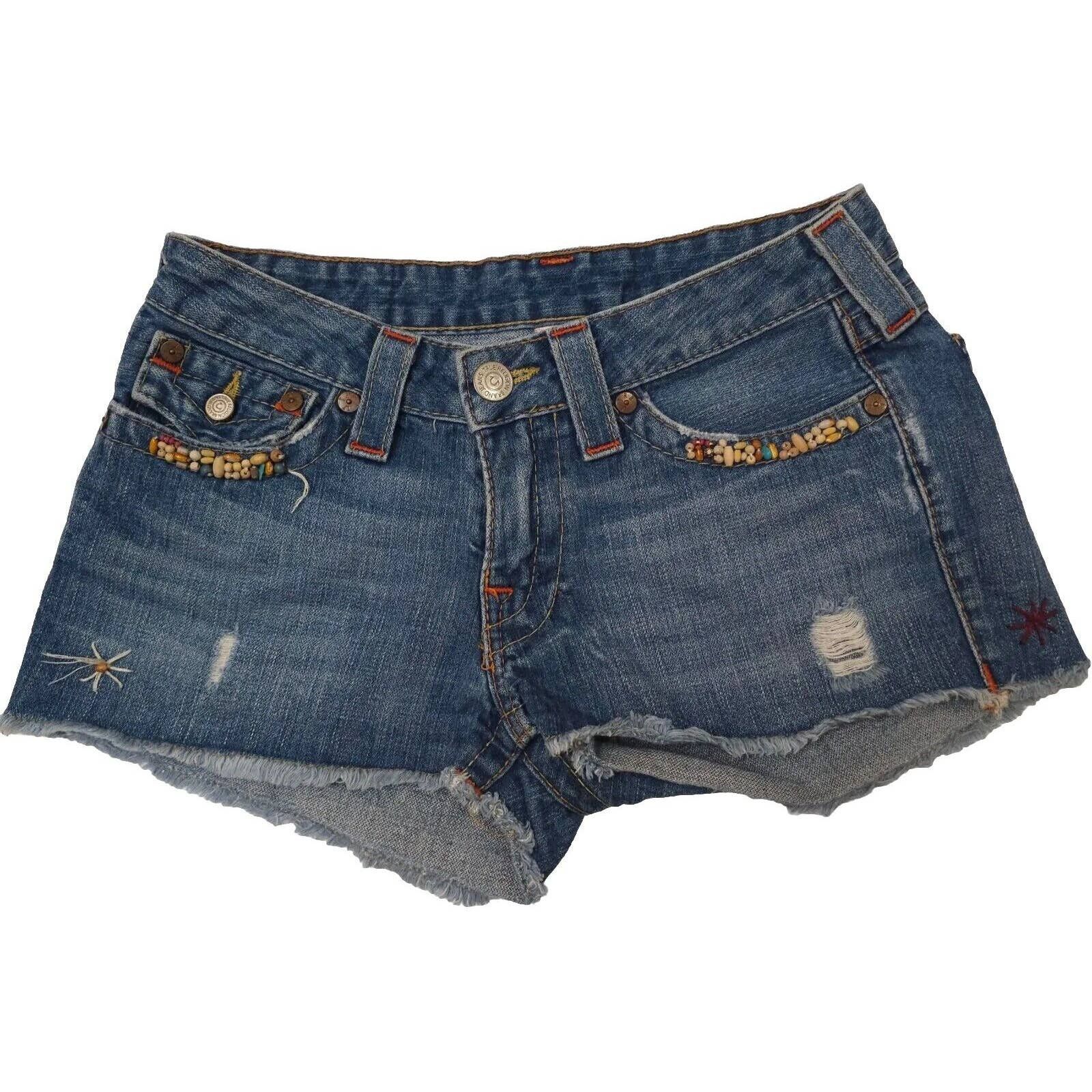 TRUE RELIGION Dark Joey Cut-Off Embroidered Distressed Short