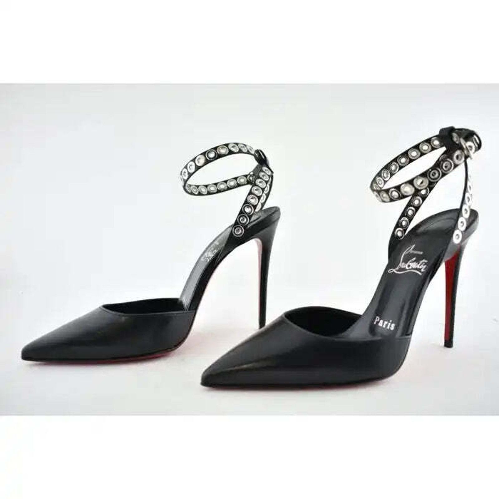 Christian Louboutin Pumpaclou 100 Black Leather Ankle Strap Stud Heel Pump 38.5 Size US 8.5 / IT 38.5 - 10 Thumbnail