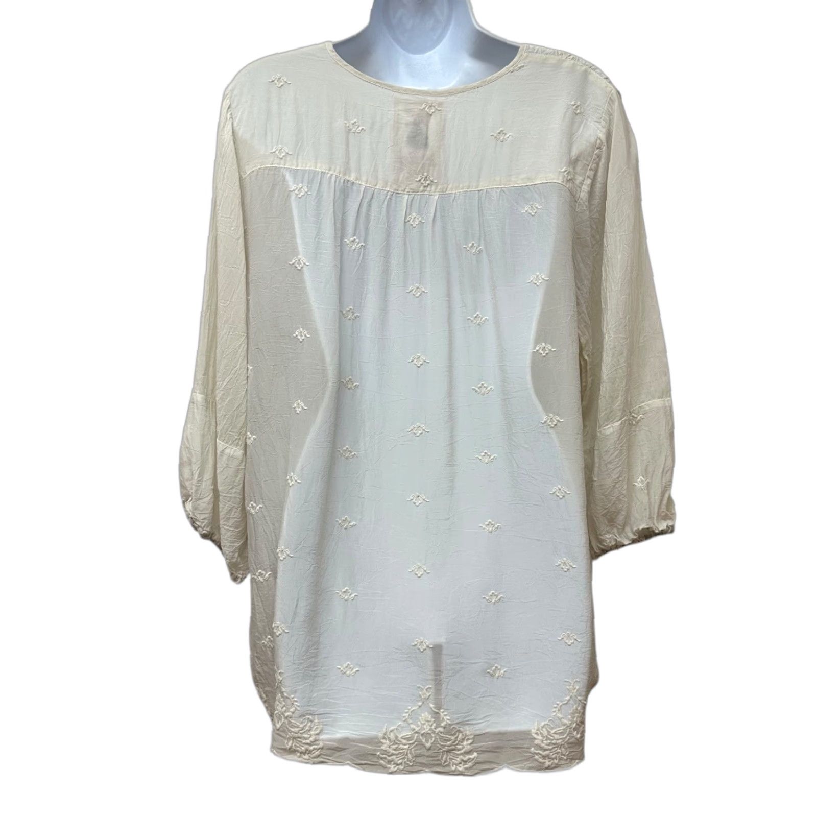 Johnny Was Embroidered Semi Sheer Rayon Tunic Top Blouse Women's M Boho Artsy Shirt