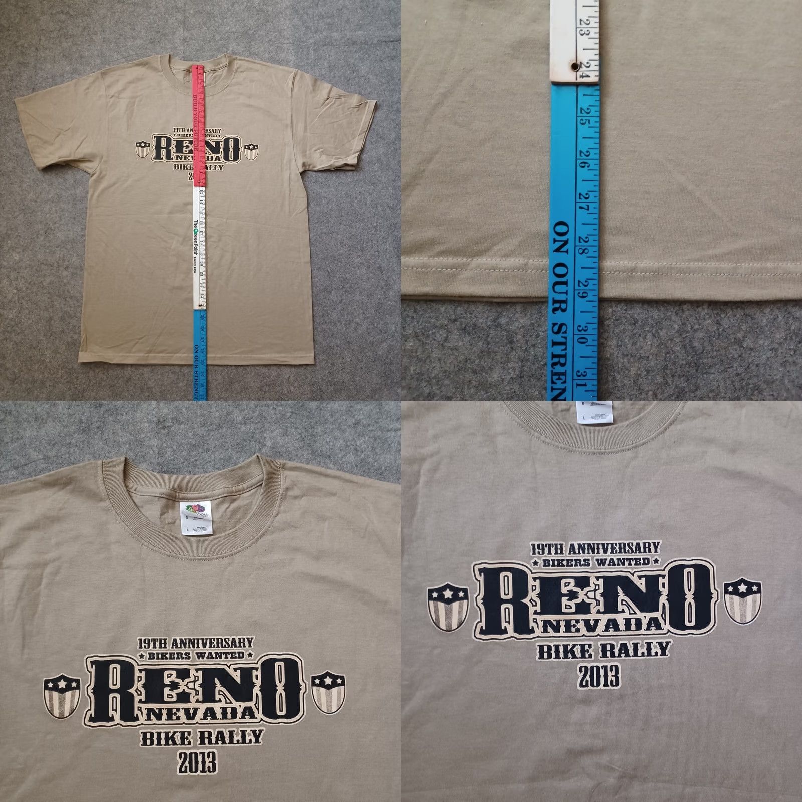 Fruit Of The Loom Reno Nevada Bike Rally Shirt Mens Large Beige Double Side Skull Wings Logo 2013 Size US L / EU 52-54 / 3 - 8 Thumbnail