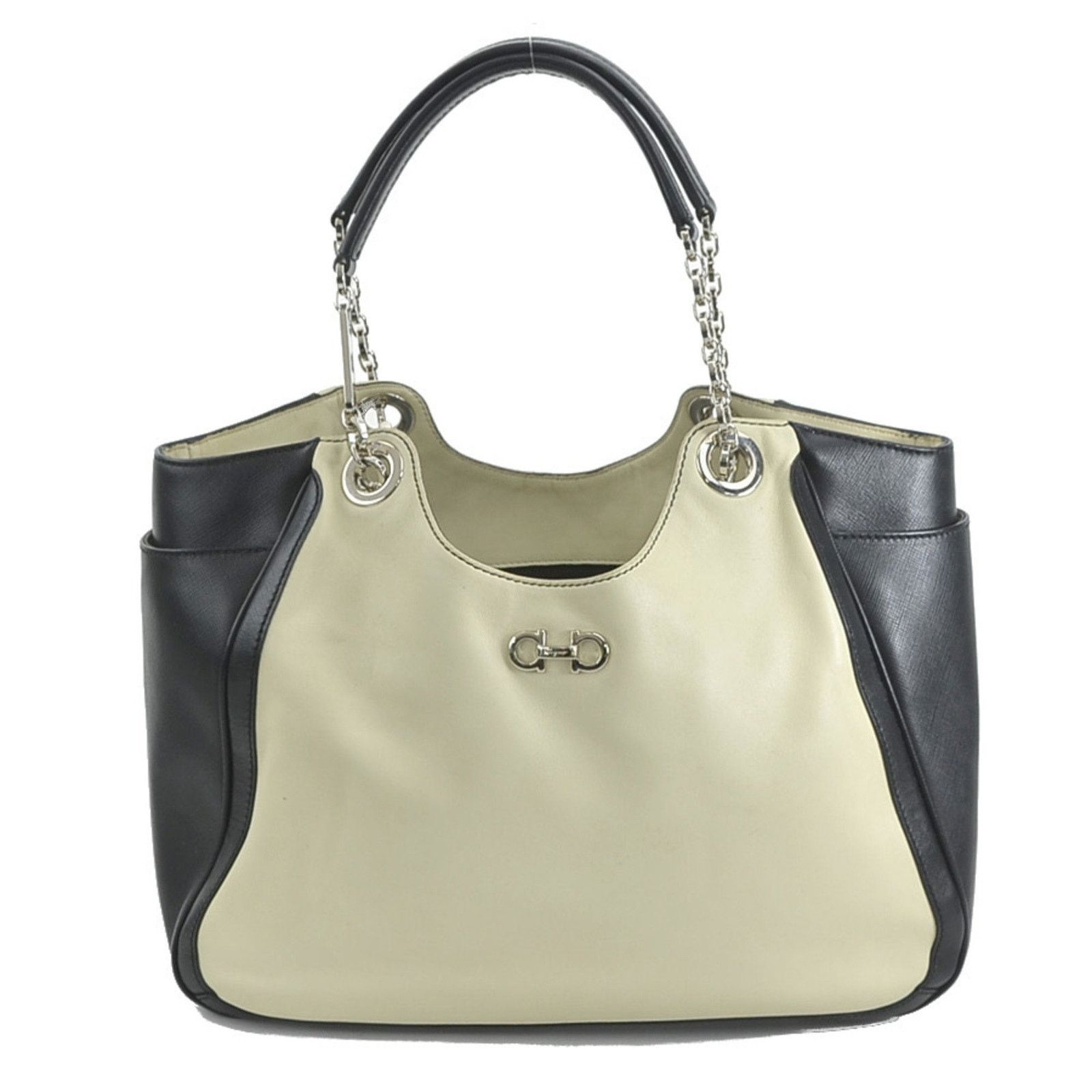 Salvatore Ferragamo tudio Bag 21G508 BeigeBlack Leather Tote