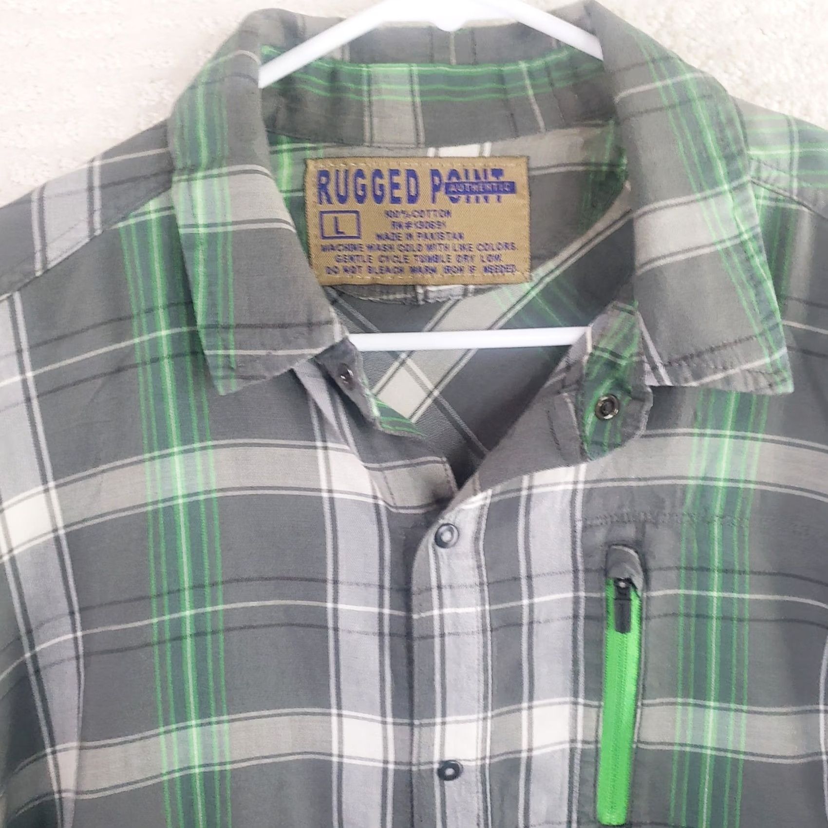 Vintage Rugged Point Button Down Shirt Mens L Green Gray Plaid Twill Zip Pocket Snap Button Size US L / EU 52-54 / 3 - 4 Thumbnail