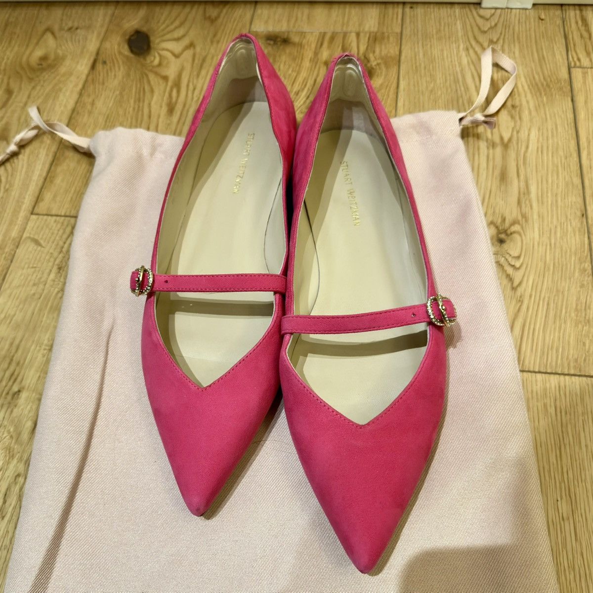 Stuart Weitzman STUART WEITZMAN Pink Crystal Buckle Suede Flat, US8.5, EU39 Size US 8.5 / IT 38.5 - 1 Thumbnail