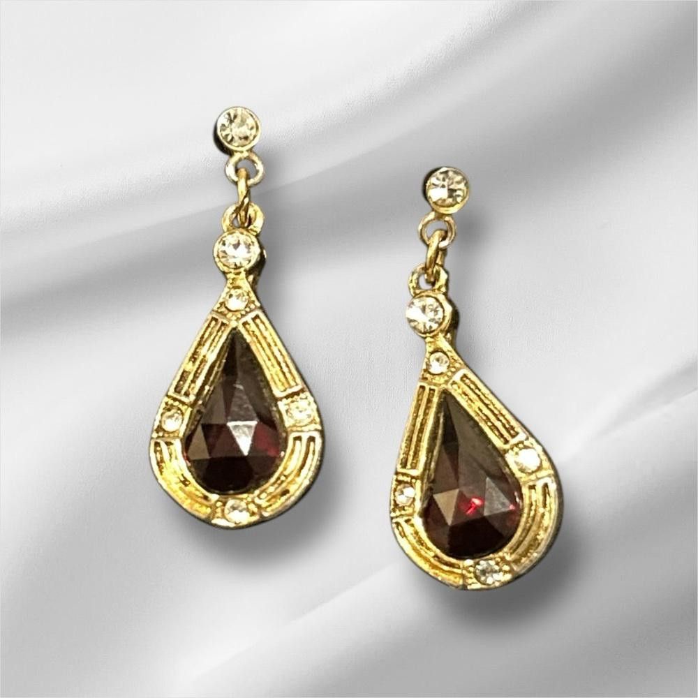 Designer Vintage Gold Tone Teardrop Earrings with Red Stones Size ONE SIZE - 1 Thumbnail