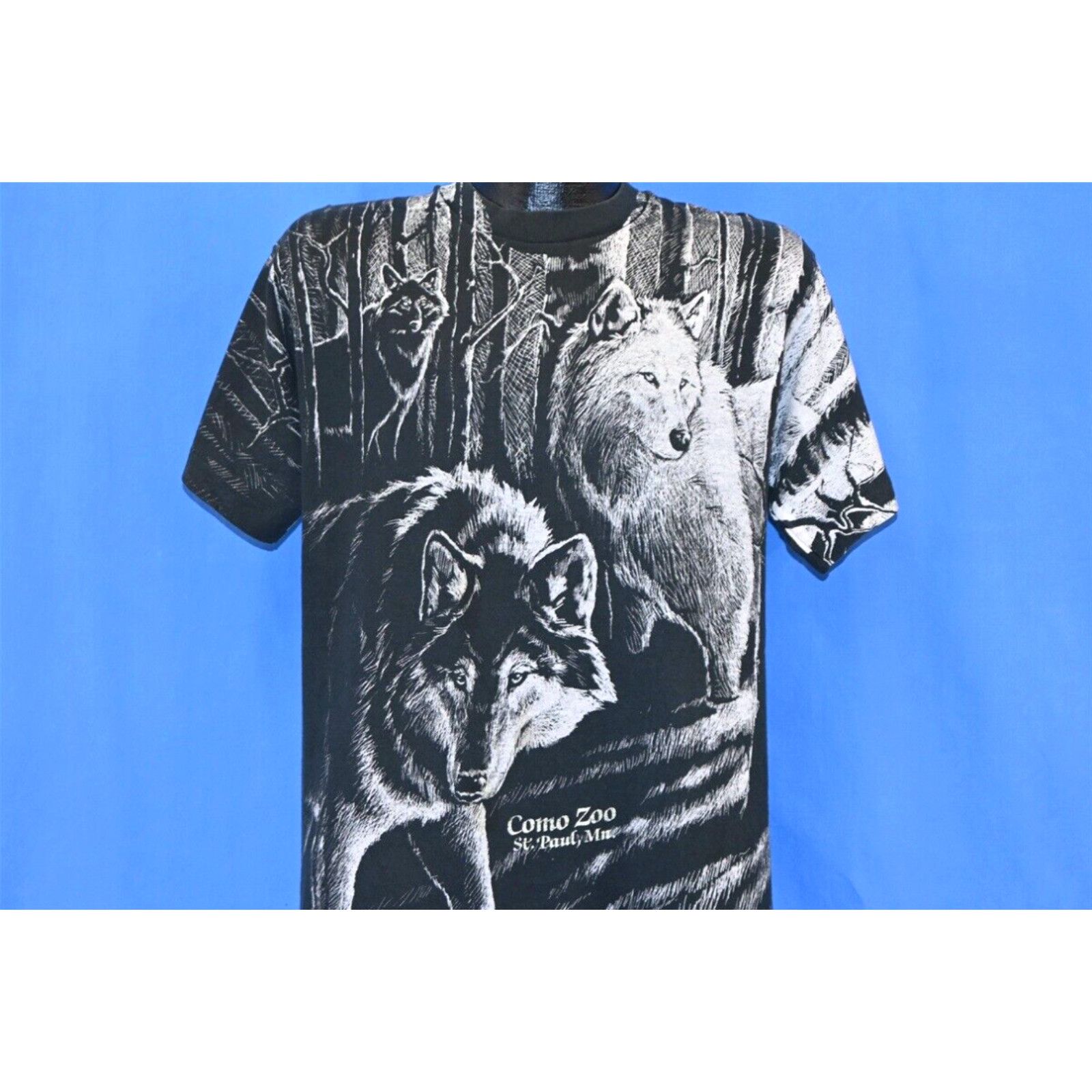 image of Fruit Of The Loom Vintage 90's Wolf Aop Como Zoo Conservatory St Paul Mn 2 Sided T-Shirt Medium M i
