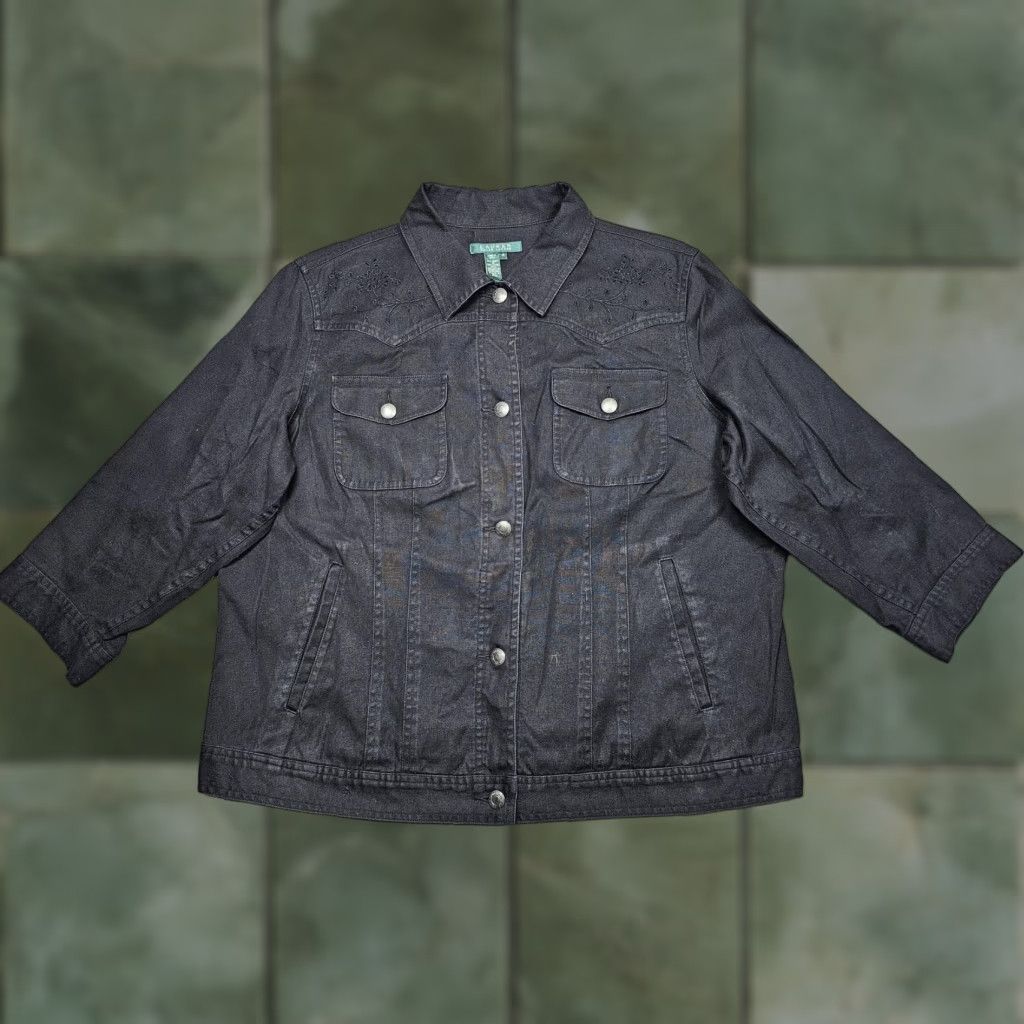 Ralph Lauren Jacket Womens 1X Black Denim Linen Embroidered Floral Western LRL