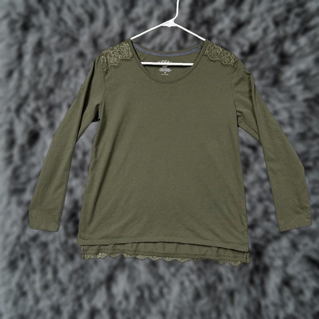 Vintage Riders by Lee Shirt Women M Green Lace Trim Boho Earthy Cottagecore Lagenlook Knit Jersey Long Sleeve Casual Travel Vintage No Size M / US 6-8 / IT 42-44 - 1 Thumbnail