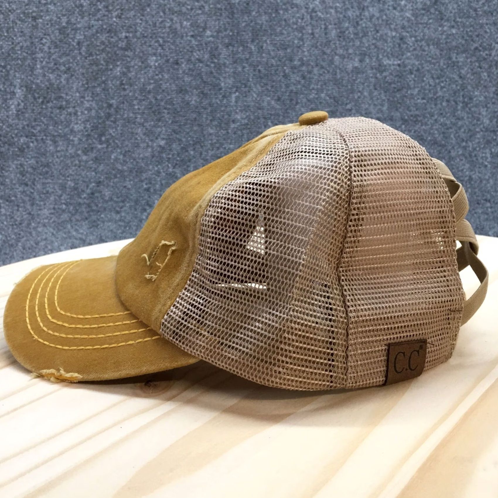 Vintage Womens Trucker Hat CC Exclusives Distressed High Ponytail Gold OS Cap Casual Adjustable Mesh Back Ready-to-Wear Size ONE SIZE - 4 Thumbnail
