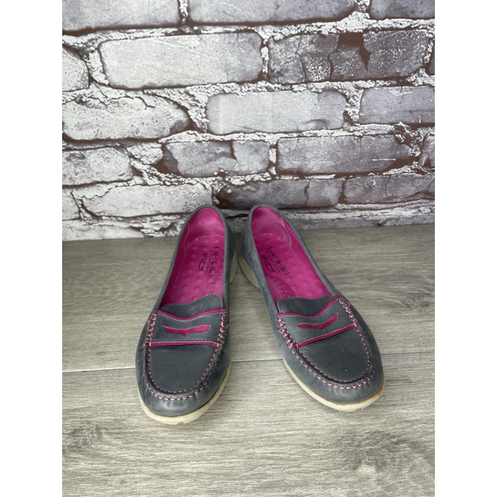 JOSEF SEIBAL Josef Seibel Gray Leather Pink Stitching Penny Loafer Comfor Size US 6 / IT 36 - 17 Thumbnail