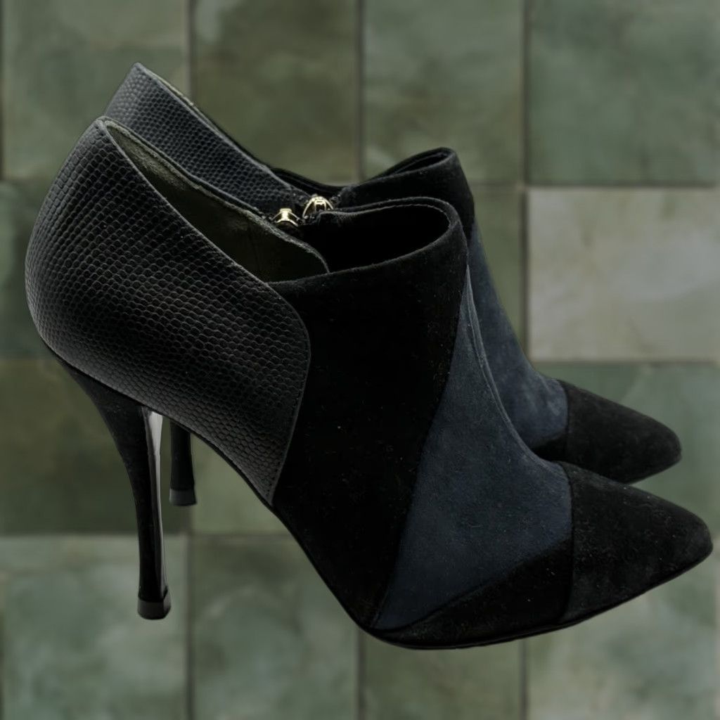 Tory Burch TORY BURCH Lorelei Suede & Leather Color Block Pointed Toe Pumps Bootie 5M Women Black Leather Lining Ultra High Kitten Heel Size US 5 / IT 35 - 1 Thumbnail