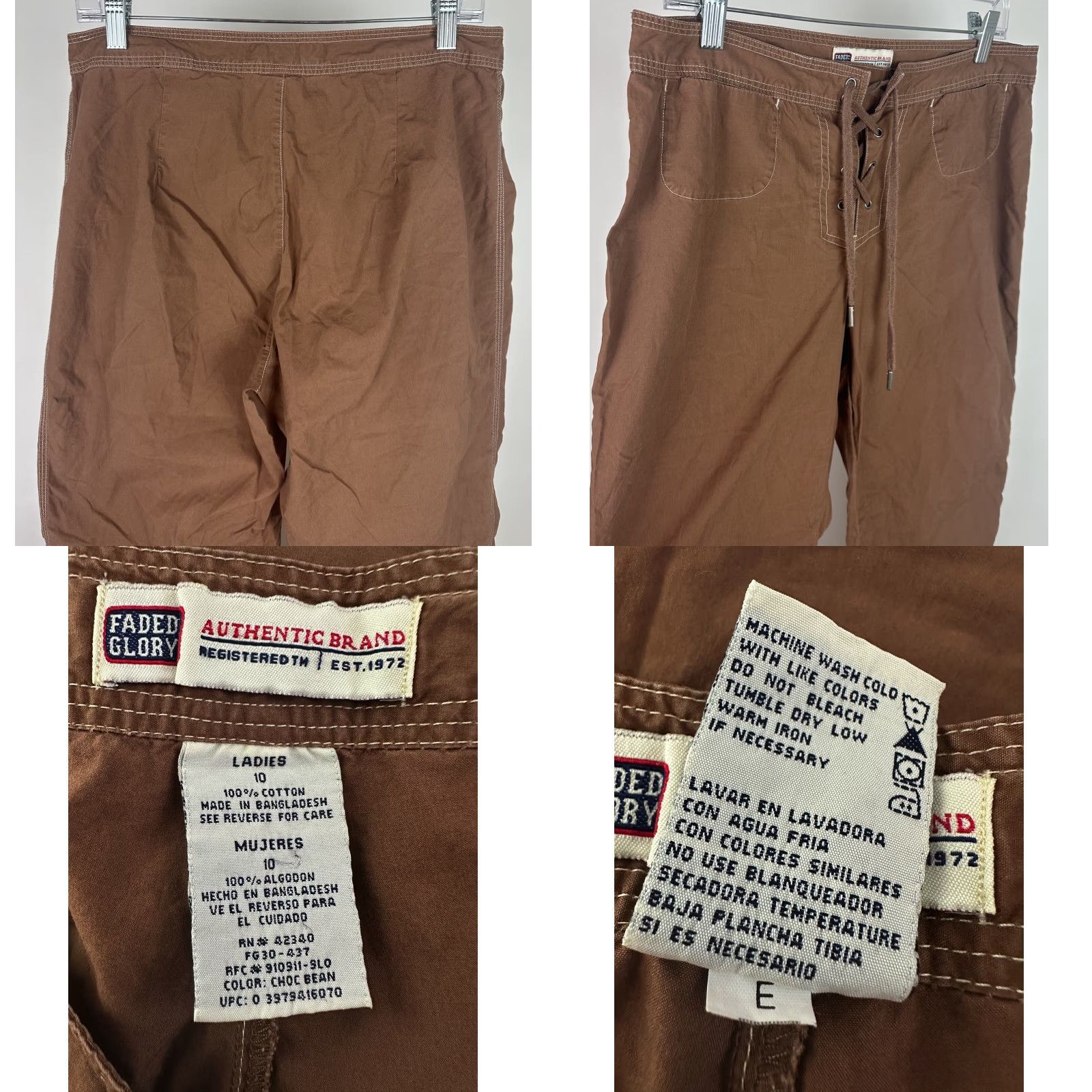 Faded Glory VINTAGE Capri Pants 90s Y2K Brown Cropped Lace Up Corset Lightweight Cotton 23In Inseam M Size M / US 6-8 / IT 42-44 - 8 Thumbnail