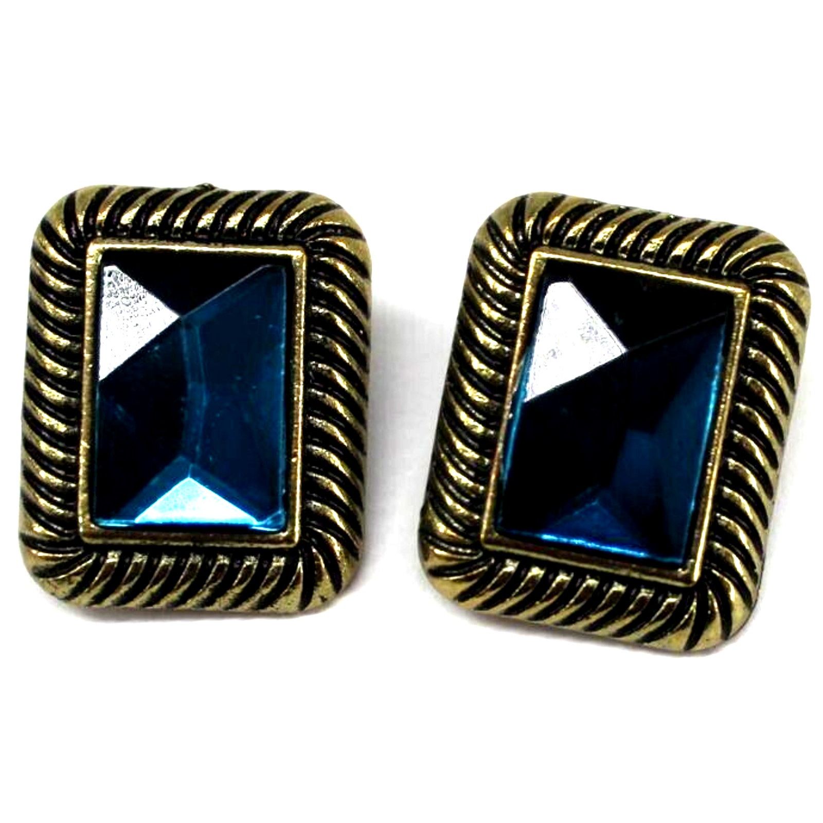 Other Rectangular Teal Blue Glass Earrings •Antique Goldtone •Clip Size ONE SIZE - 1 Thumbnail