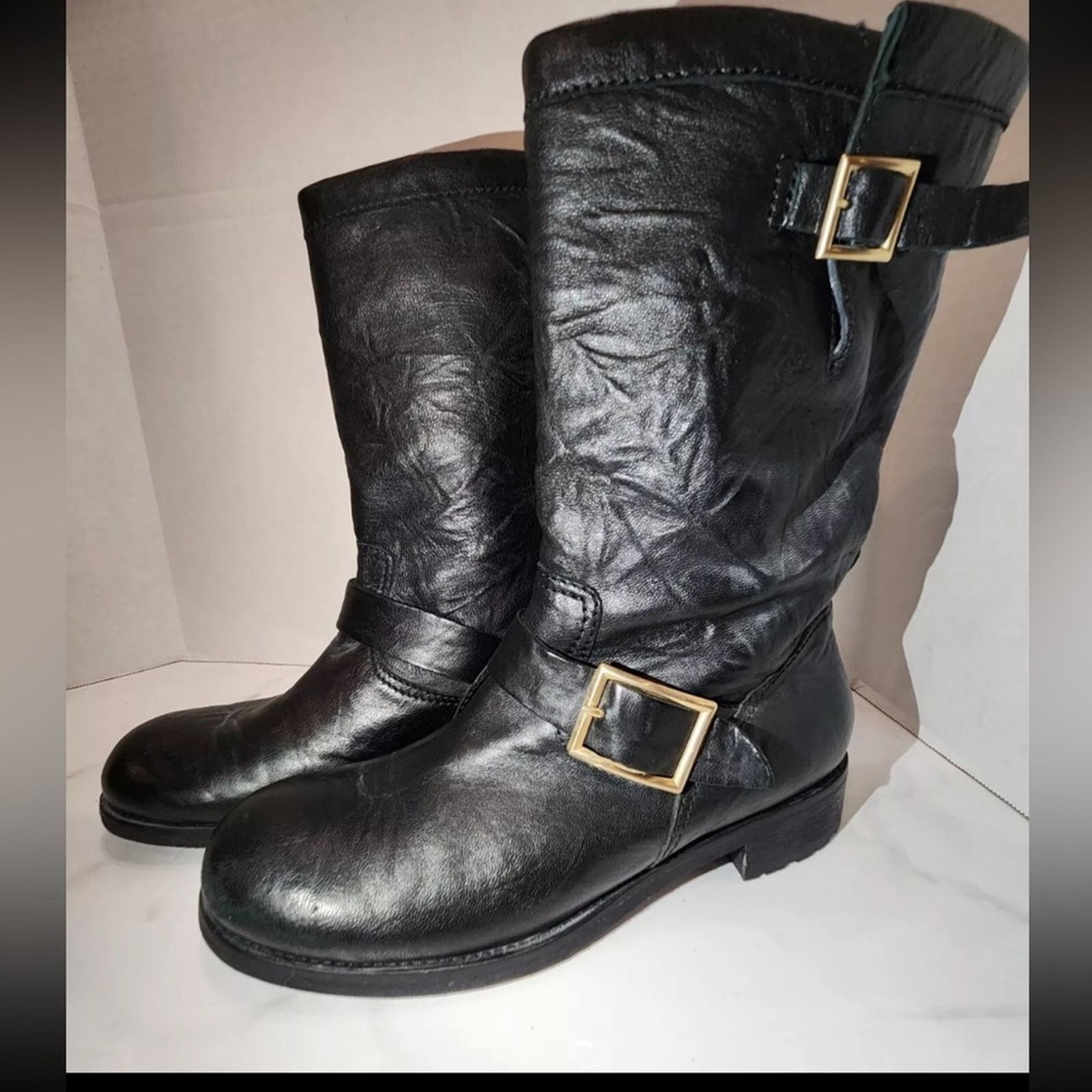 Jimmy Choo Jimmy Choo Black Crinkle Leather Biker Moto Boots 39.5 Size US 9.5 / IT 39.5 - 1 Thumbnail
