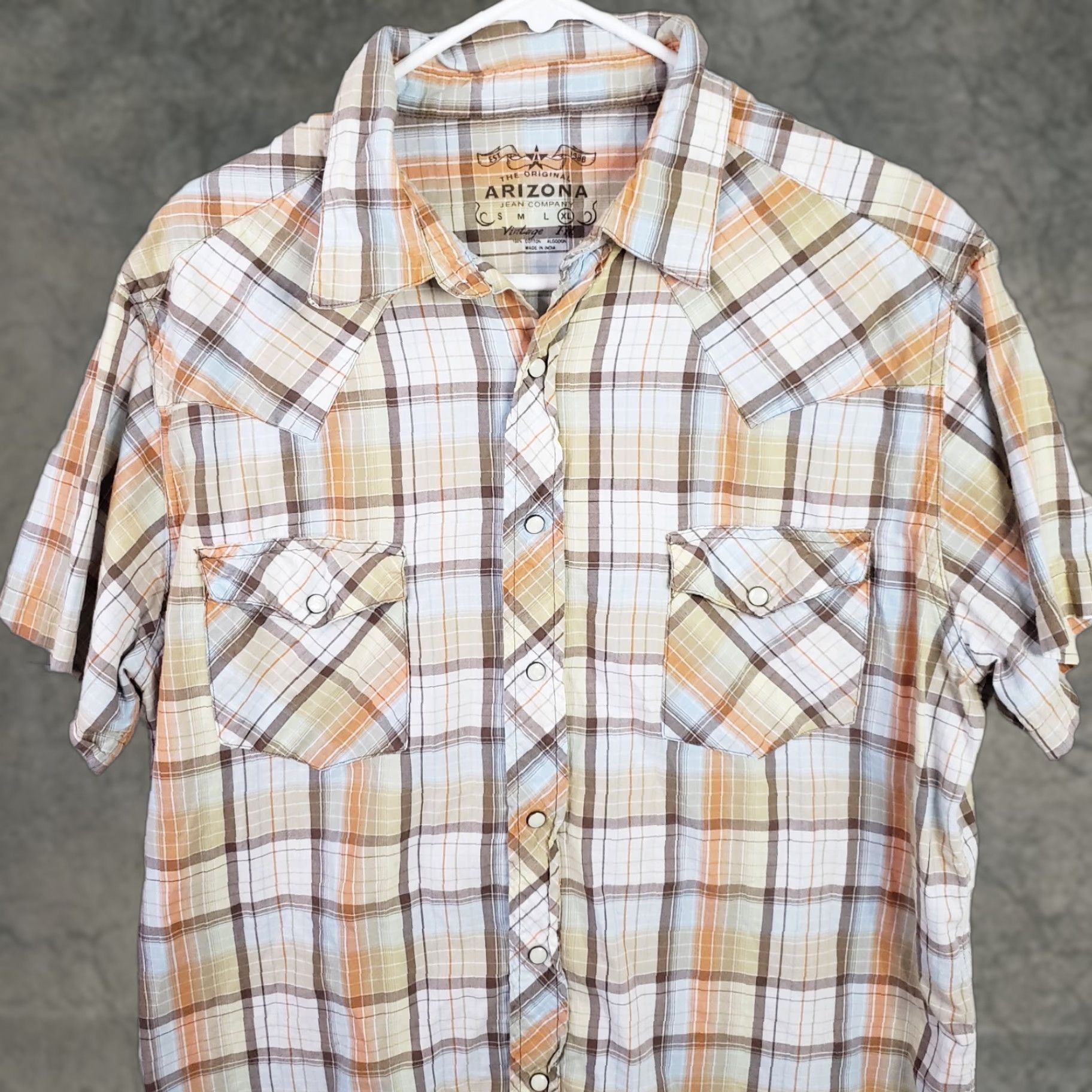 Vintage Mens AriZona Western Plaid Snap Shirt Short Sleeve XL Orange White Brown Size US XL / EU 56 / 4 - 1 Thumbnail
