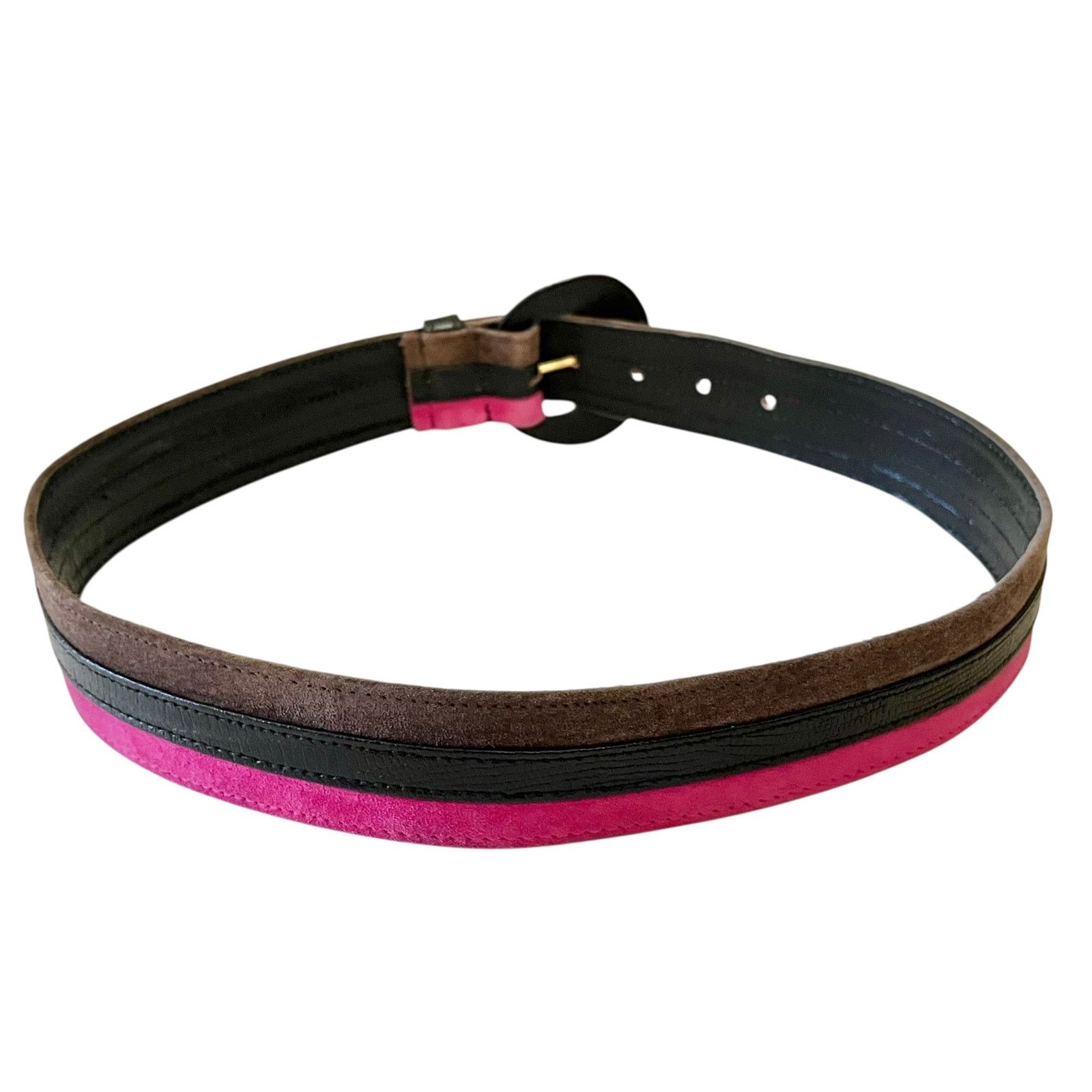Jaeger × Vintage Vintage Jaeger Striped Pink Brown Suede Black Leather Belt Size 30 - 4 Thumbnail