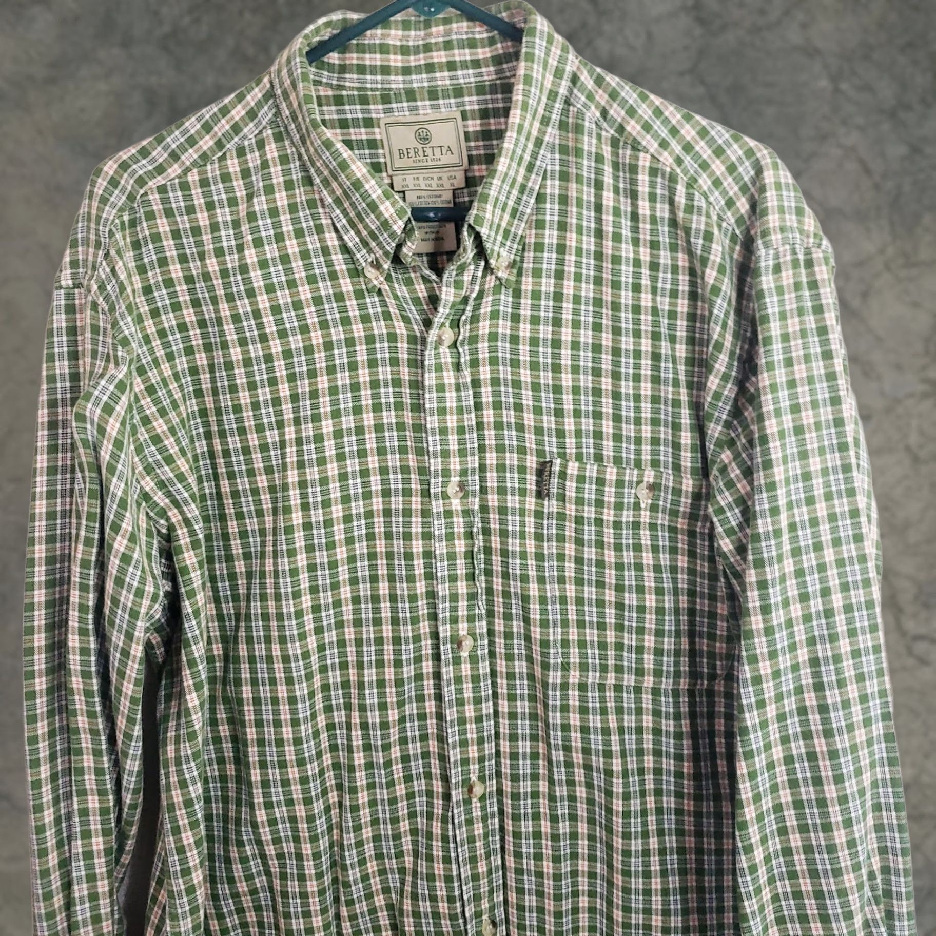 Vintage Beretta Green Plaid Cotton Flannel Button Up Dress Shirt Men's XL Size 42R - 1 Thumbnail