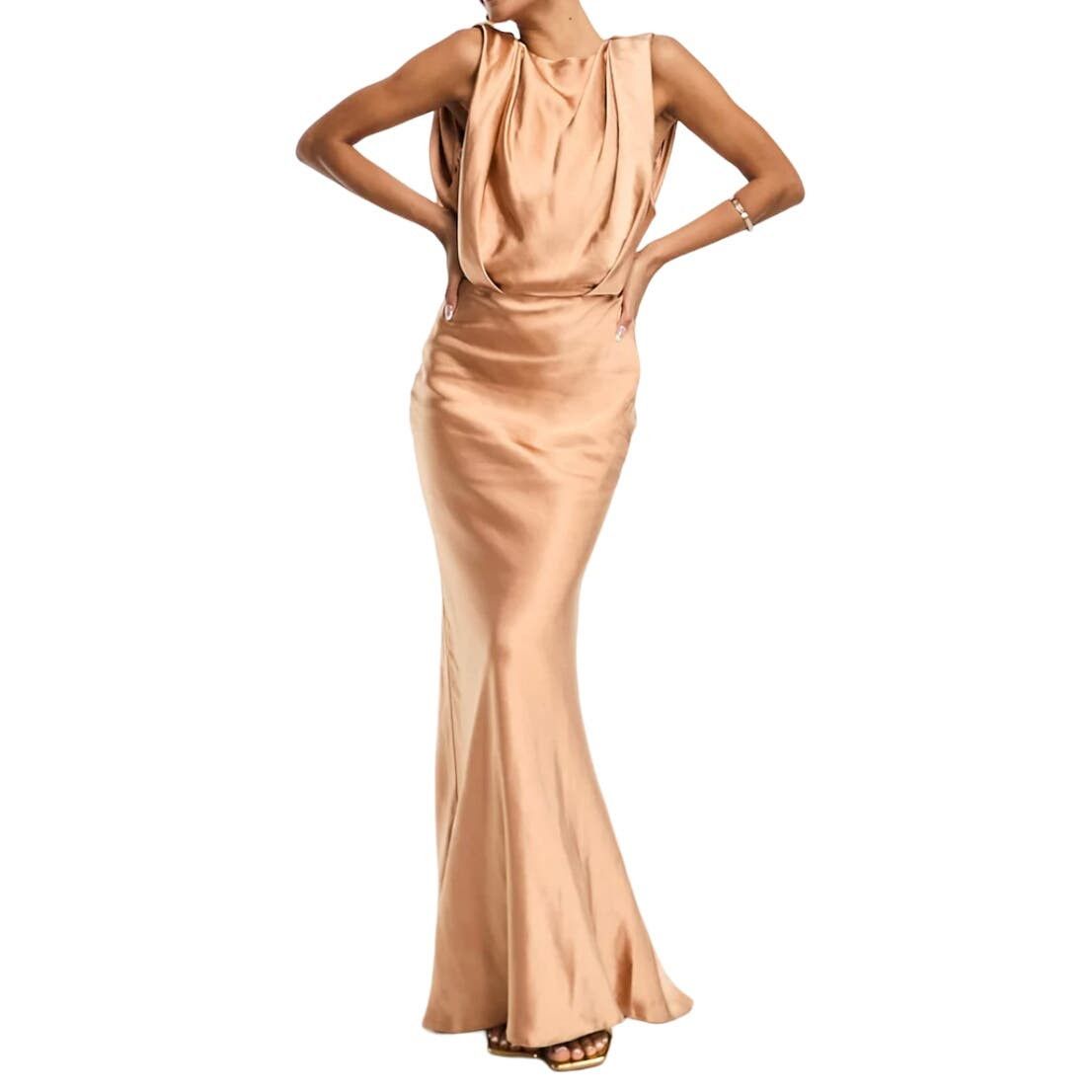 ASOS Design Textured Satin Drape Shoulder Maxi Brown Size 14