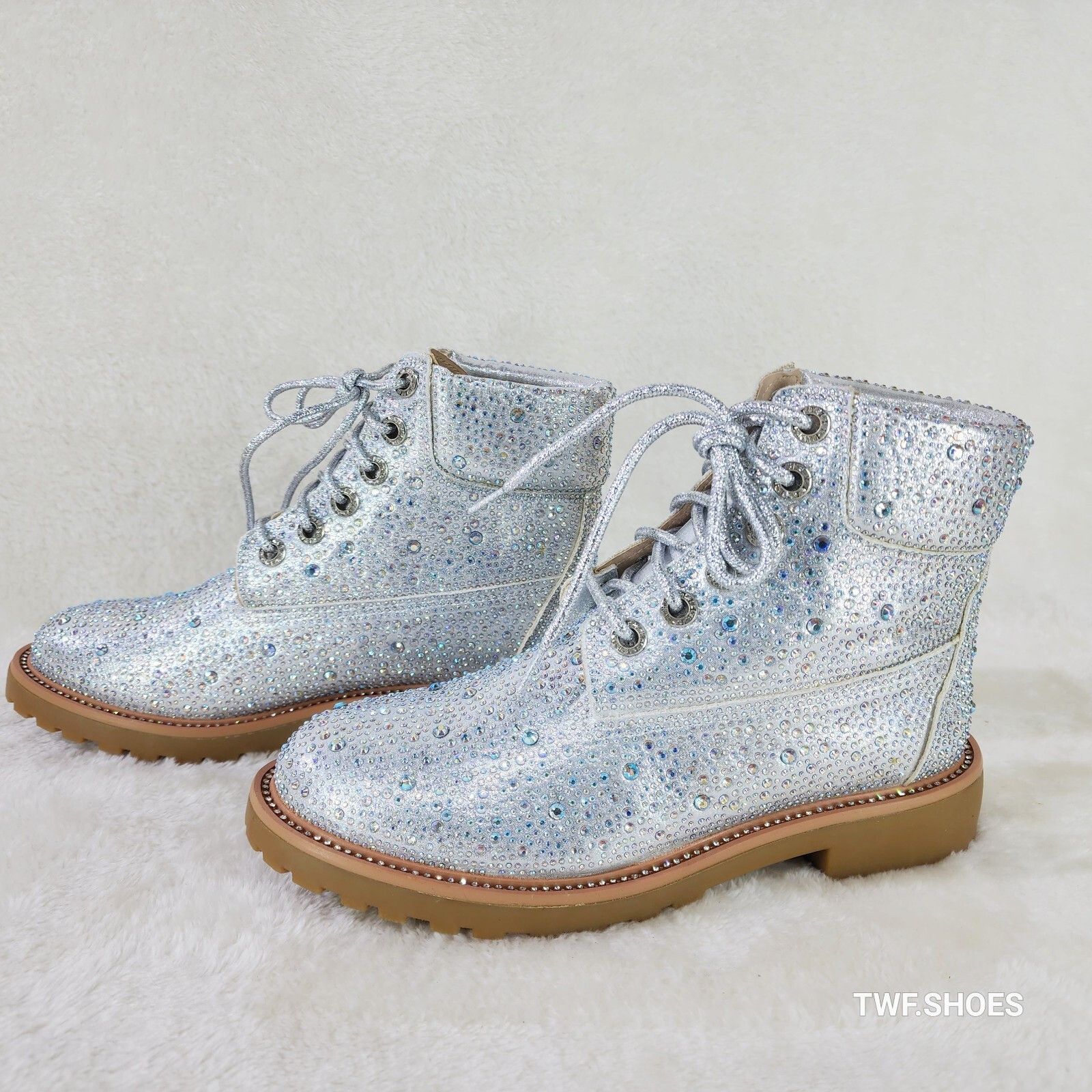 Other Wonder Sparkling Rhinestone Combat Ankle Boots Metallic Silv Size US 10 / IT 40 - 2 Thumbnail