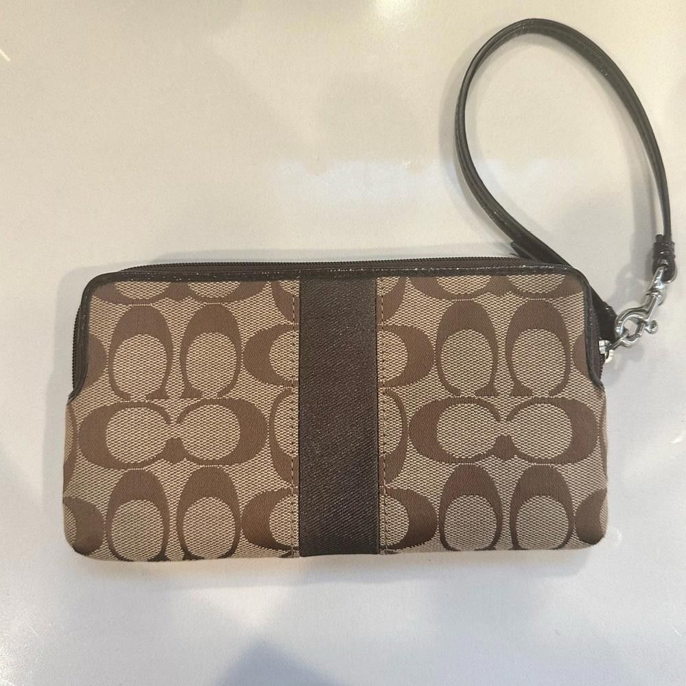Coach Coach Signature Khaki Mahogany Canvas Double Zip Wristlet Size ONE SIZE - 2 Thumbnail