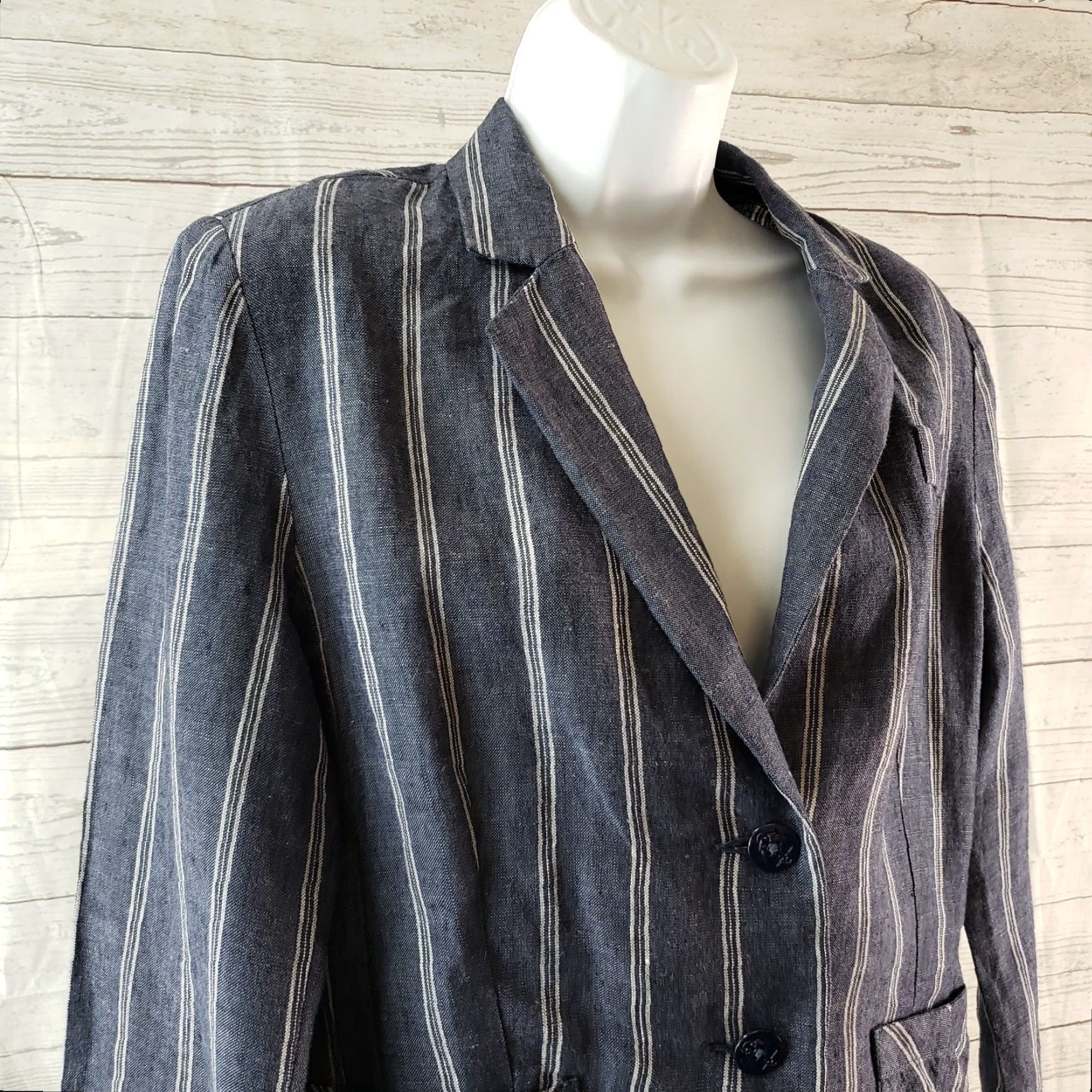 Vintage Cabi 871 Womens Blazer Sz 6 Blue Linen Striped 3/4 Sleeve Button Front Jacket Size M / US 6-8 / IT 42-44 - 2 Thumbnail