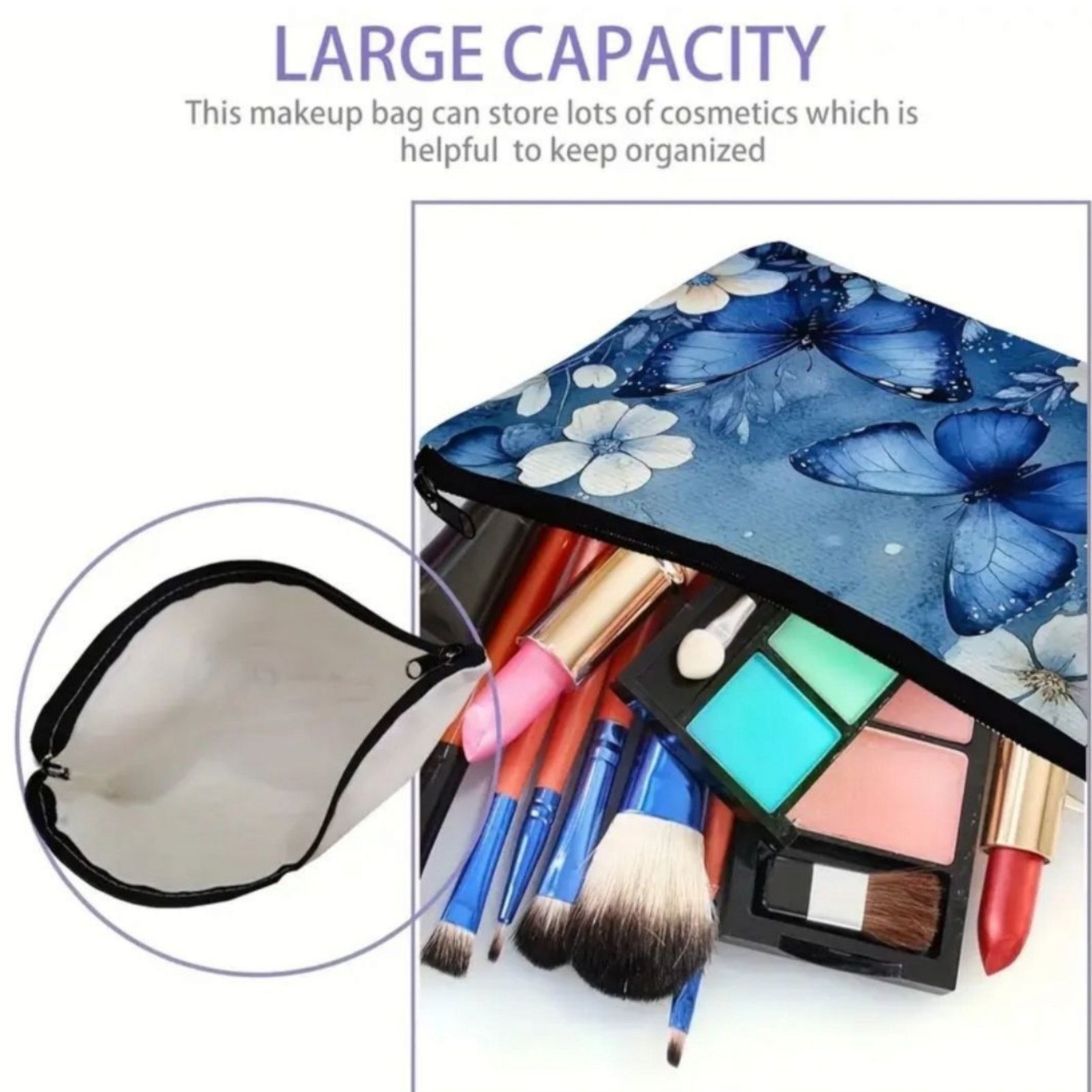 Other Blue Butterfly Floral Cosmetic Bag - Makeup Organizer Size ONE SIZE - 4 Thumbnail