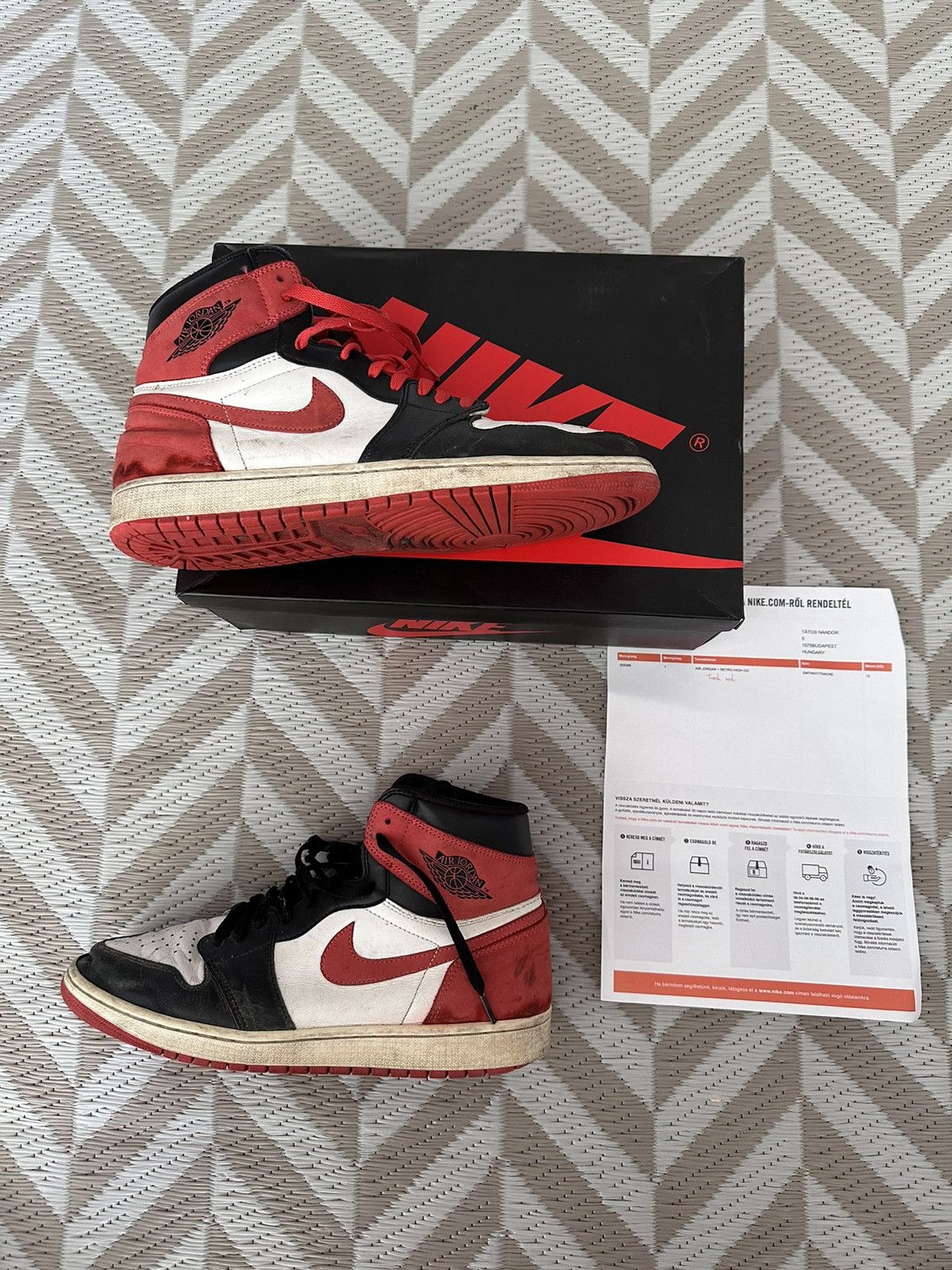 image of Jordan Brand 1 Retro Track Red Size 12 / Eu46 Very Worn Shoes in Black Red, Men's