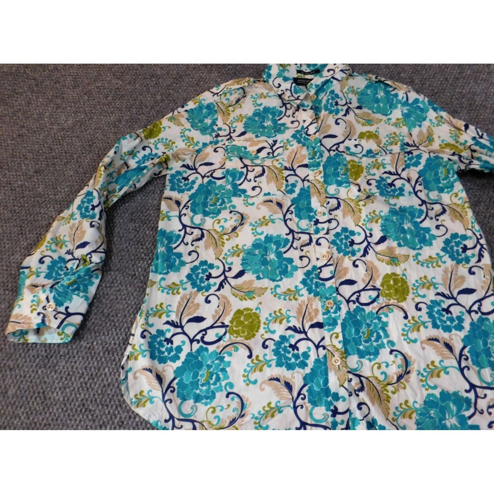 Jones New York Jones New York Button-Up Shirt Women L Blue Floral Stretch Casual Size L / US 10 / IT 46 - 3 Thumbnail