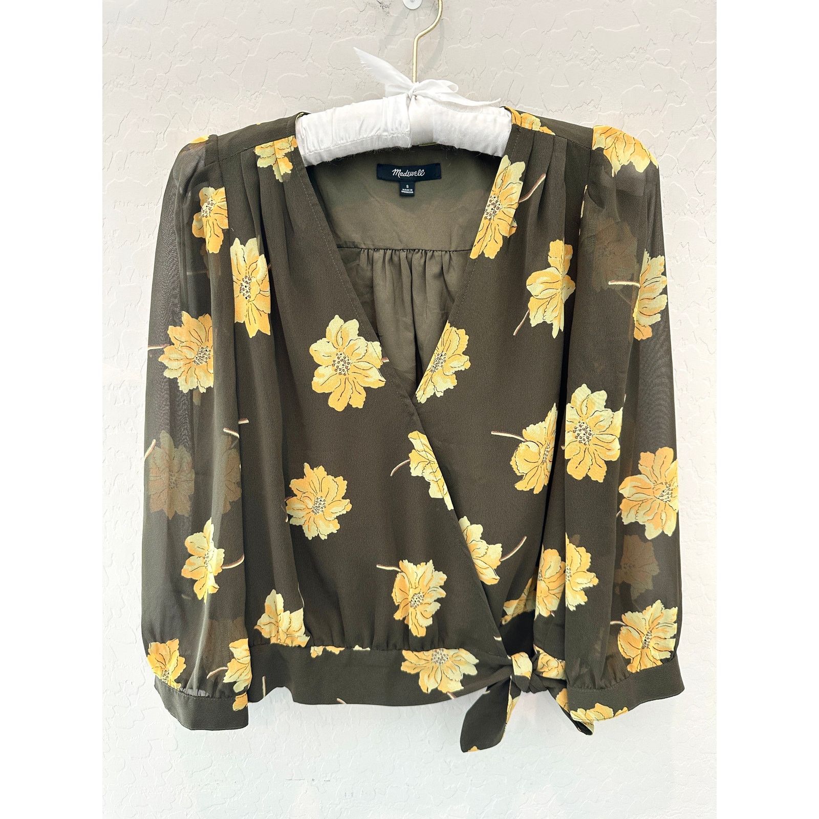 Madewell MADEWELL | Effie Green Floral Chiffon Wrap Blouse | Small Size S / US 4 / IT 40 - 1 Thumbnail