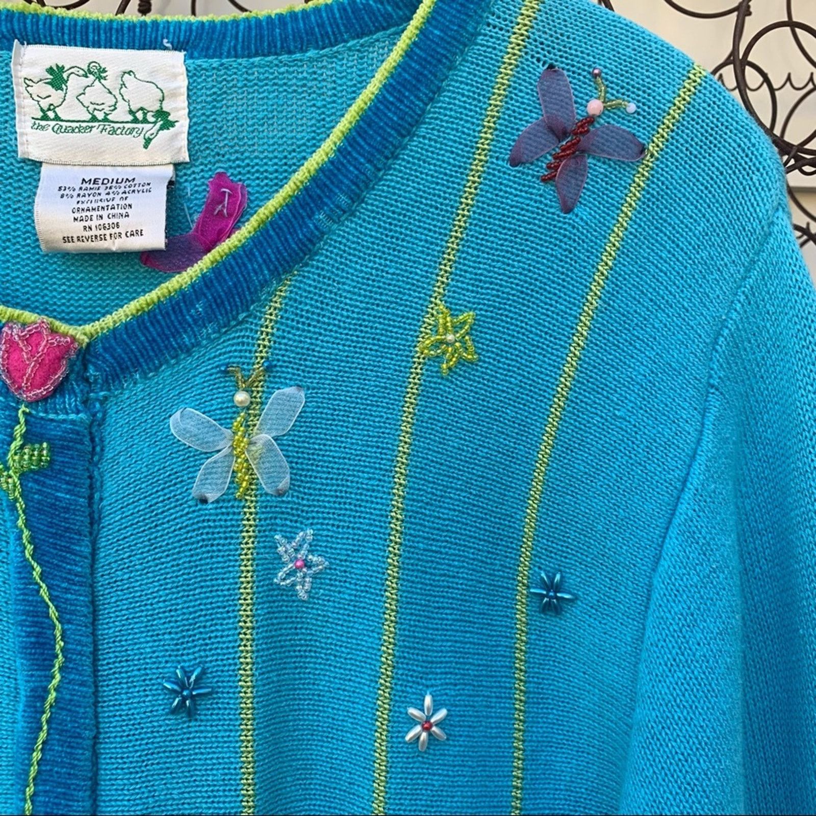 Vintage Quacker Factory blue cardigan spring flowers Size M / US 6-8 / IT 42-44 - 6 Thumbnail