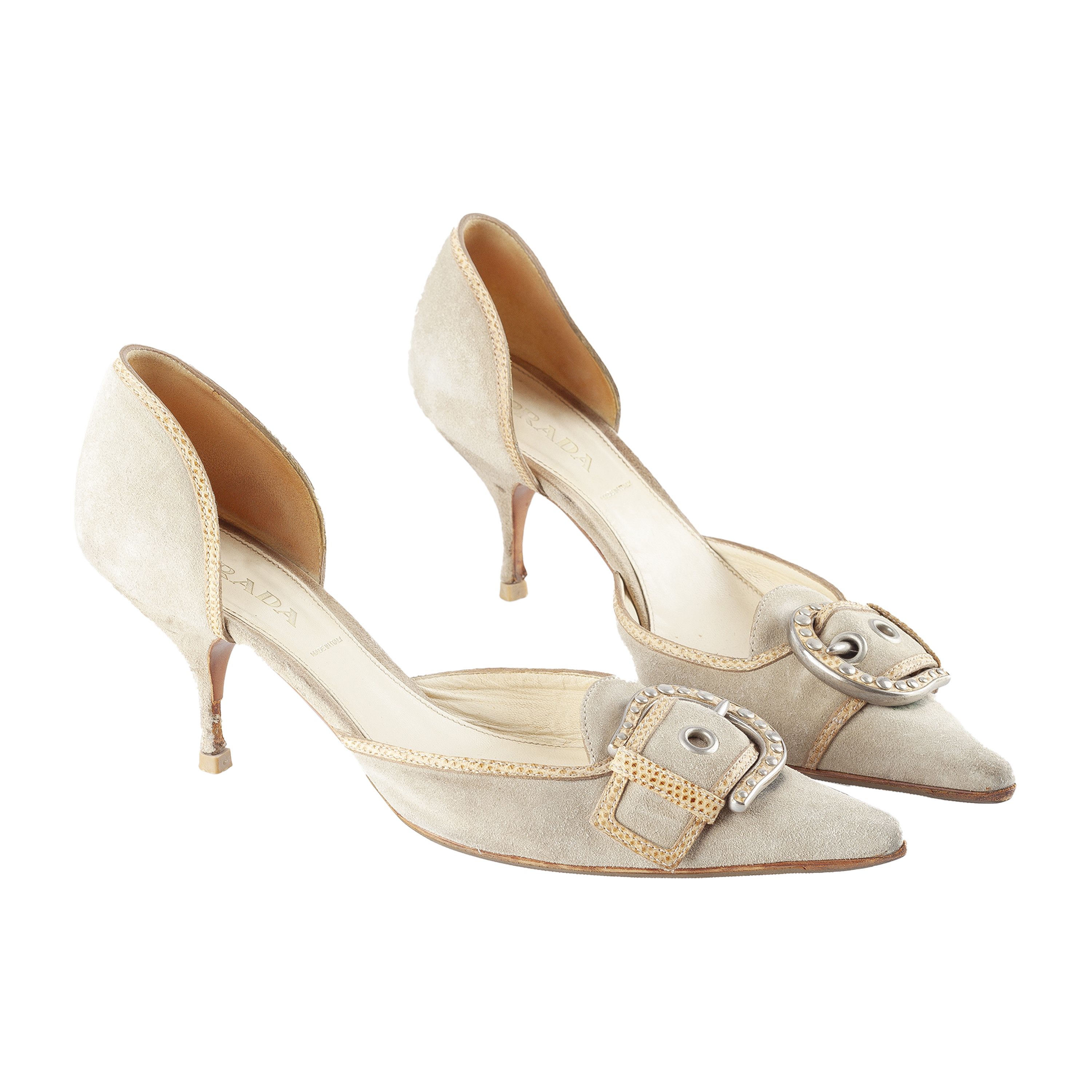 Prada Prada Beige Suede Buckle Kitten Heels (38,5 EU) Size US 7.5 / IT 37.5 - 1 Thumbnail