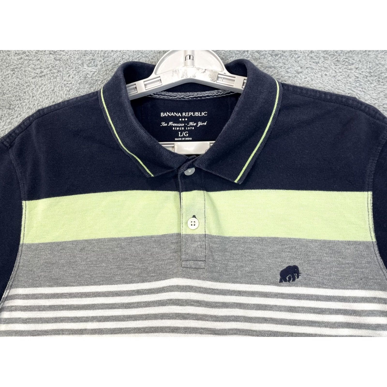 Banana Republic Banana Republic Polo Shirt Mens L Navy Gray Green Stripe Pique Cotton Logo Embroidered Short Sleeve Striped All Seasons Size US L / EU 52-54 / 3 - 3 Thumbnail