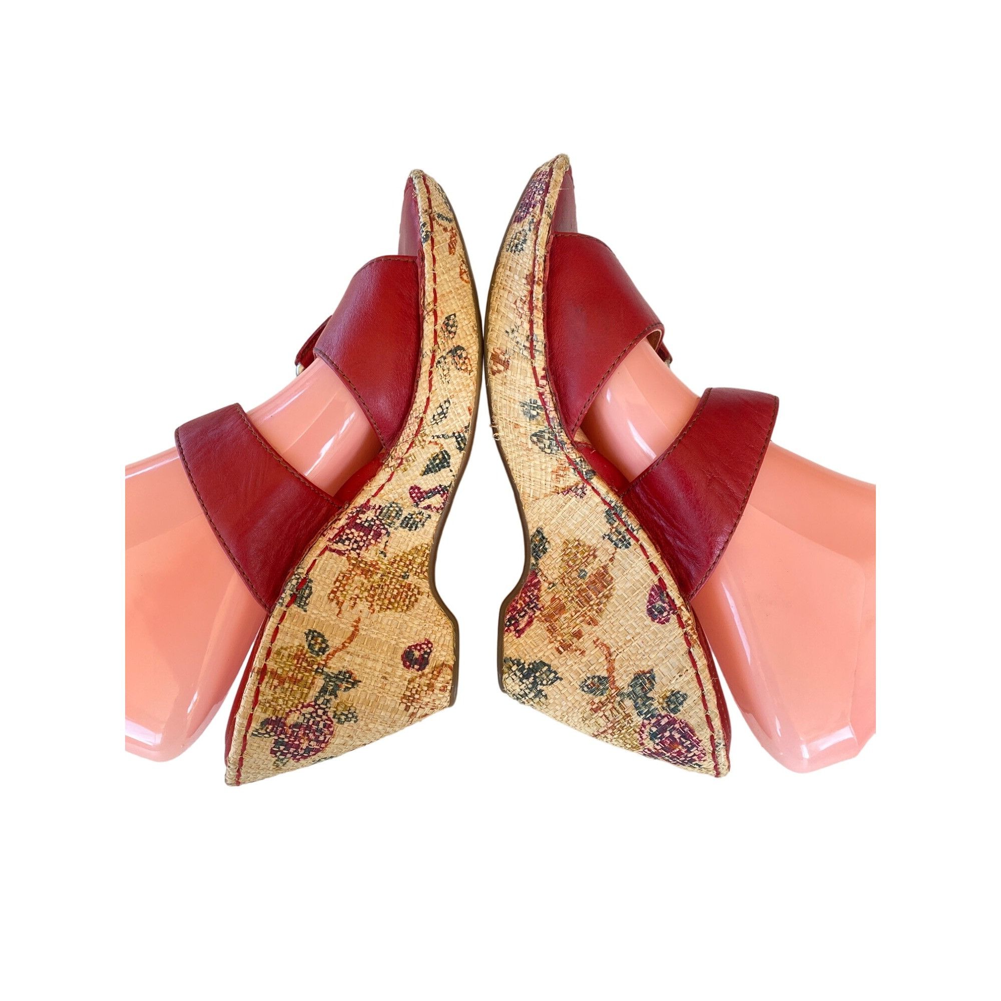Other Born Red Leather Buckle Slip On Floral Wedge Sandals Women's Size US 9 / IT 39 - 2 Thumbnail