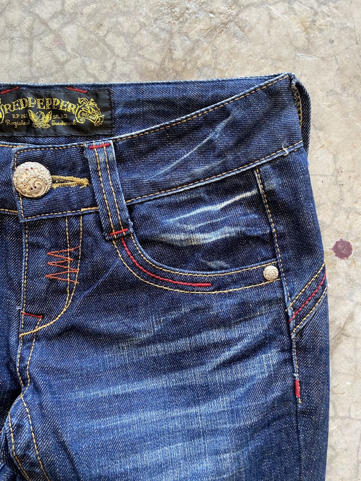 Japanese Brand Flare Jeans Red Pepper Faded Stretch Low Rise Boot Cut 6🟦8 Size US 28 / EU 44 - 3 Thumbnail