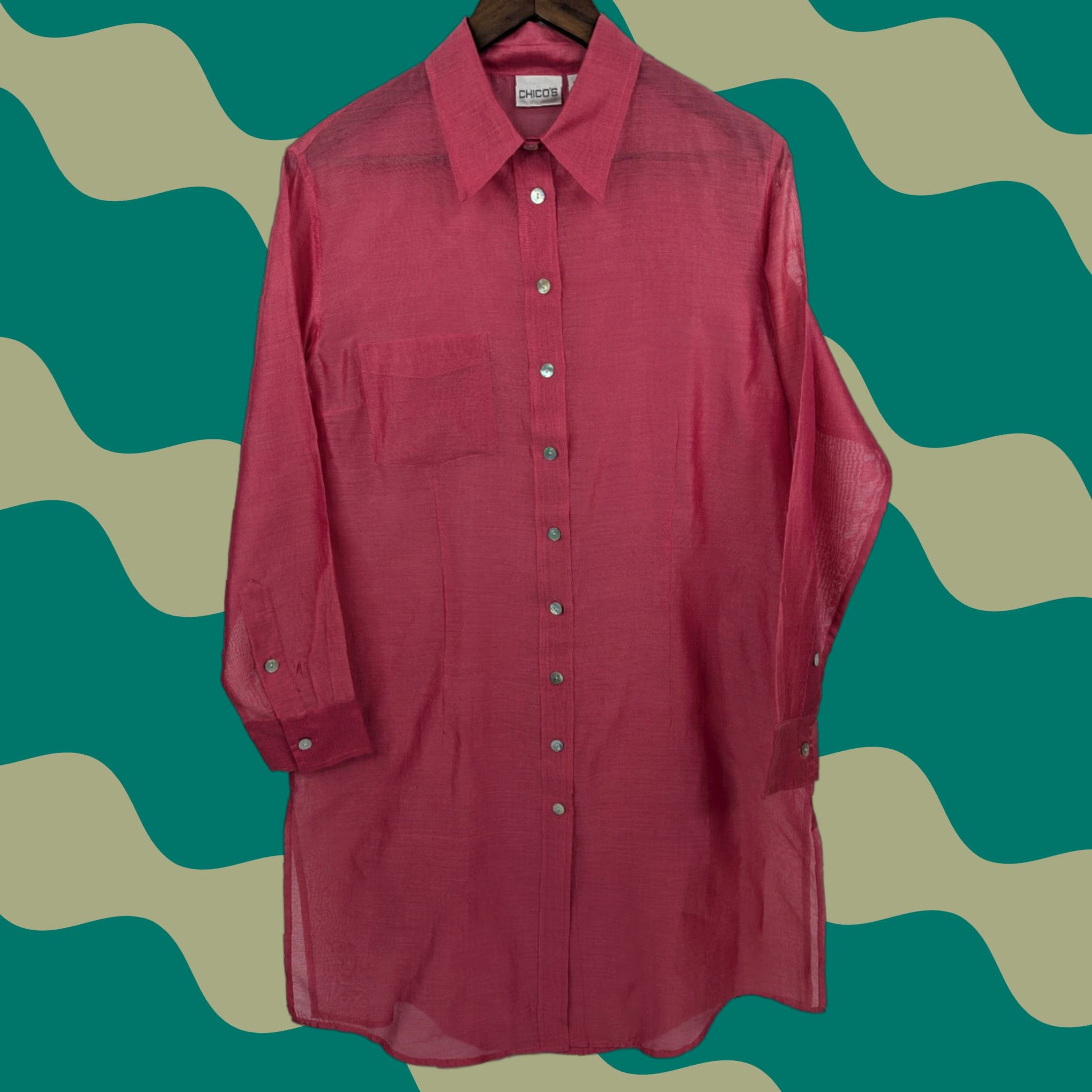 Vintage Chico’s Silk Cotton Blend Long Button Dress Shirt Blouse Pink M/8 Womens Blouse Silk Cotton Blend Button-Down Sheer Tunic Casual Party/Cocktail 90s? Size M / US 6-8 / IT 42-44 - 1 Thumbnail