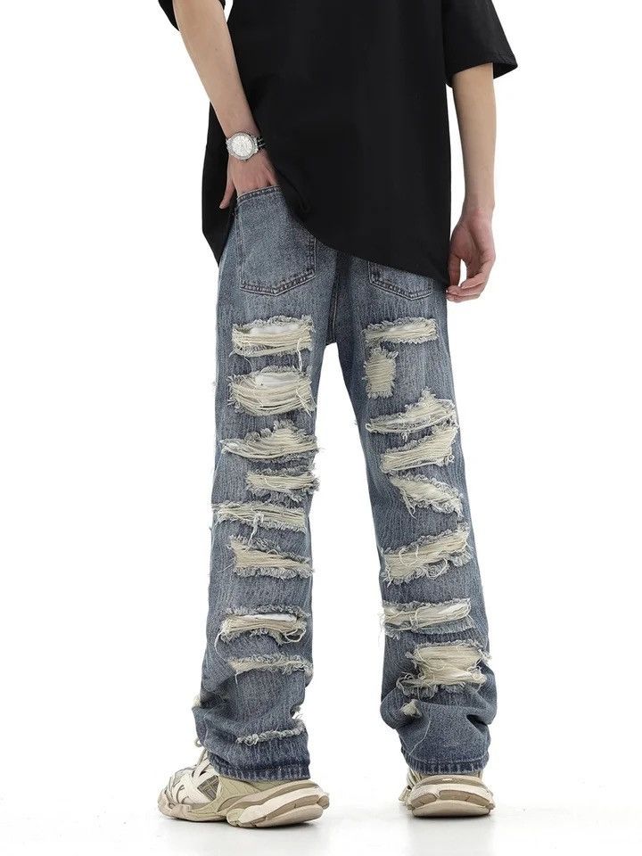 Vintage washed torn hole cut straight tube loose fitting jeans Size US 33 - 5 Thumbnail