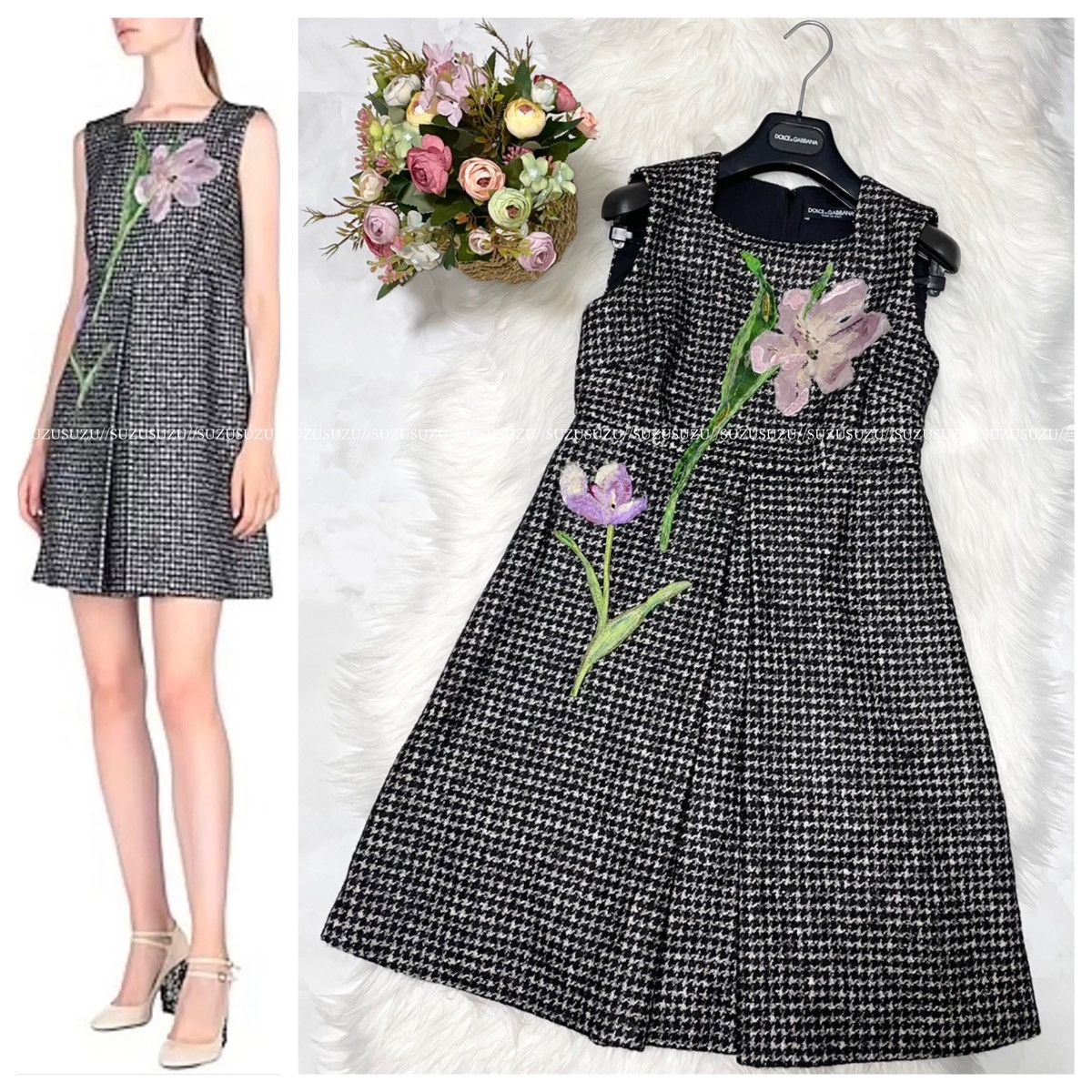 Image of Dolce Gabbana Dolce&gabbana Flower Houndstooth Tweed Sleeveless Dress 36 in Grey, Women's (Size XS)