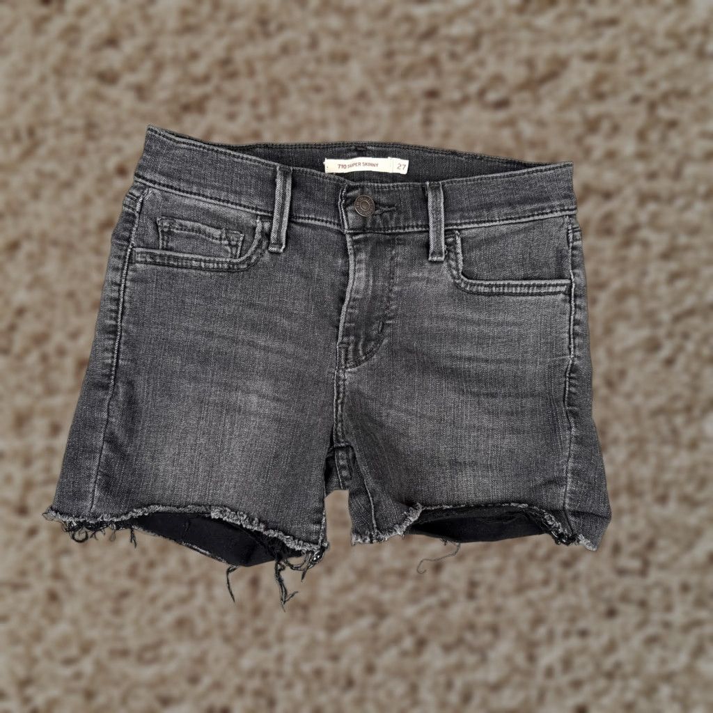Levi's VINTAGE Levis Denim Shorts Womens 27x4 Black Gray 710 Super Skinny Cut-Off Fringed Pockets 5-Pocket Zip Retro Jeans Size 27" / US 4 / IT 40 - 1 Thumbnail