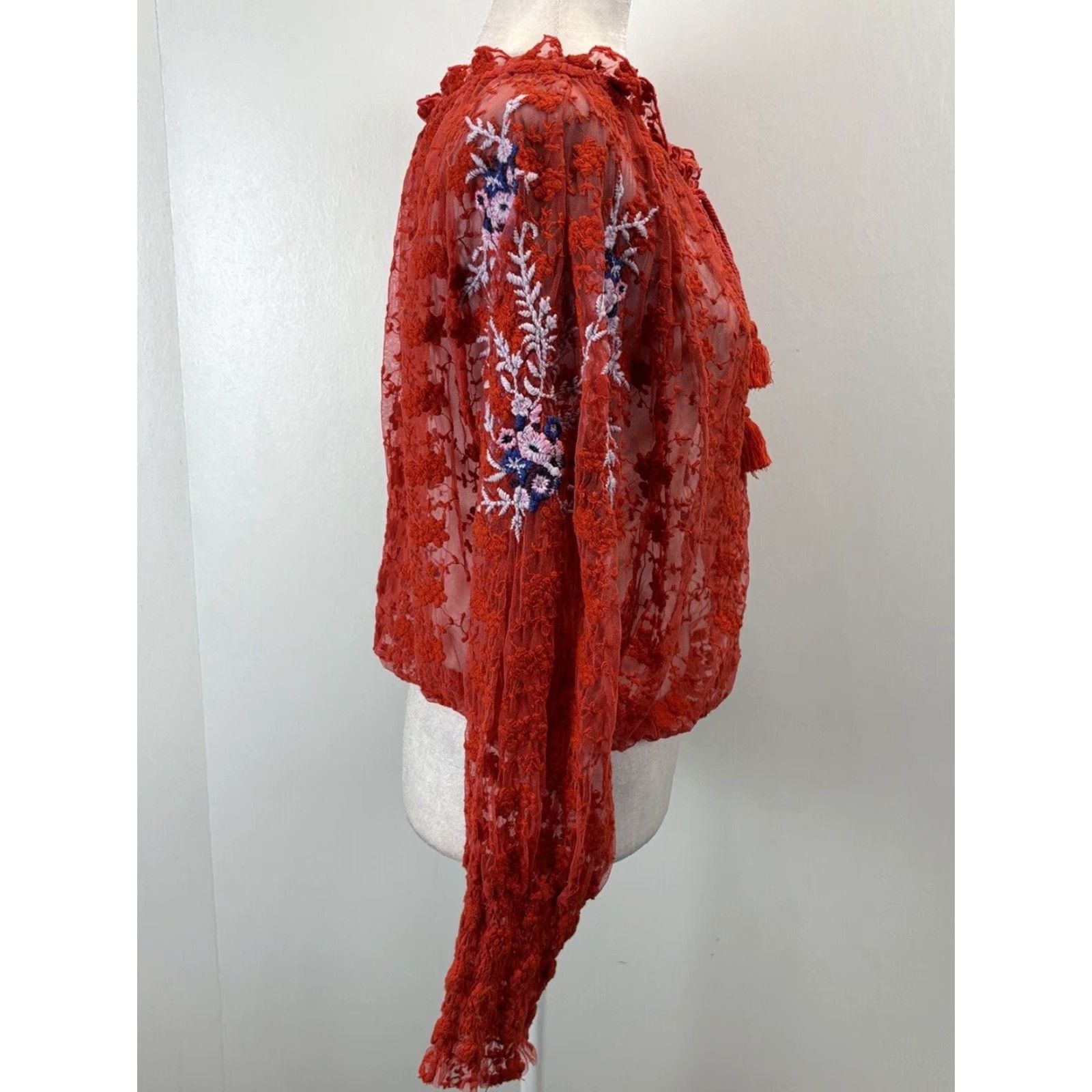 Free People Free People Floral Lace Embroidered Long Sleeve Top Womens Small Red Boho Style Size S / US 4 / IT 40 - 4 Thumbnail