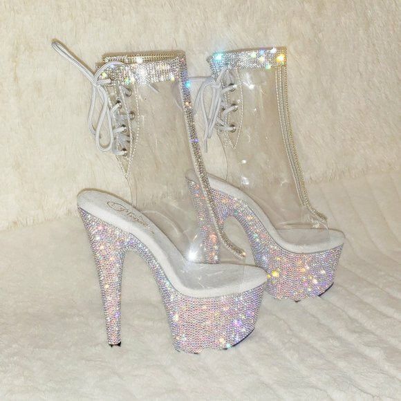 Other 1018C Bejeweled Rhinestone Platform & Trim Ankle Boots High Size US 7 / IT 37 - 1 Thumbnail